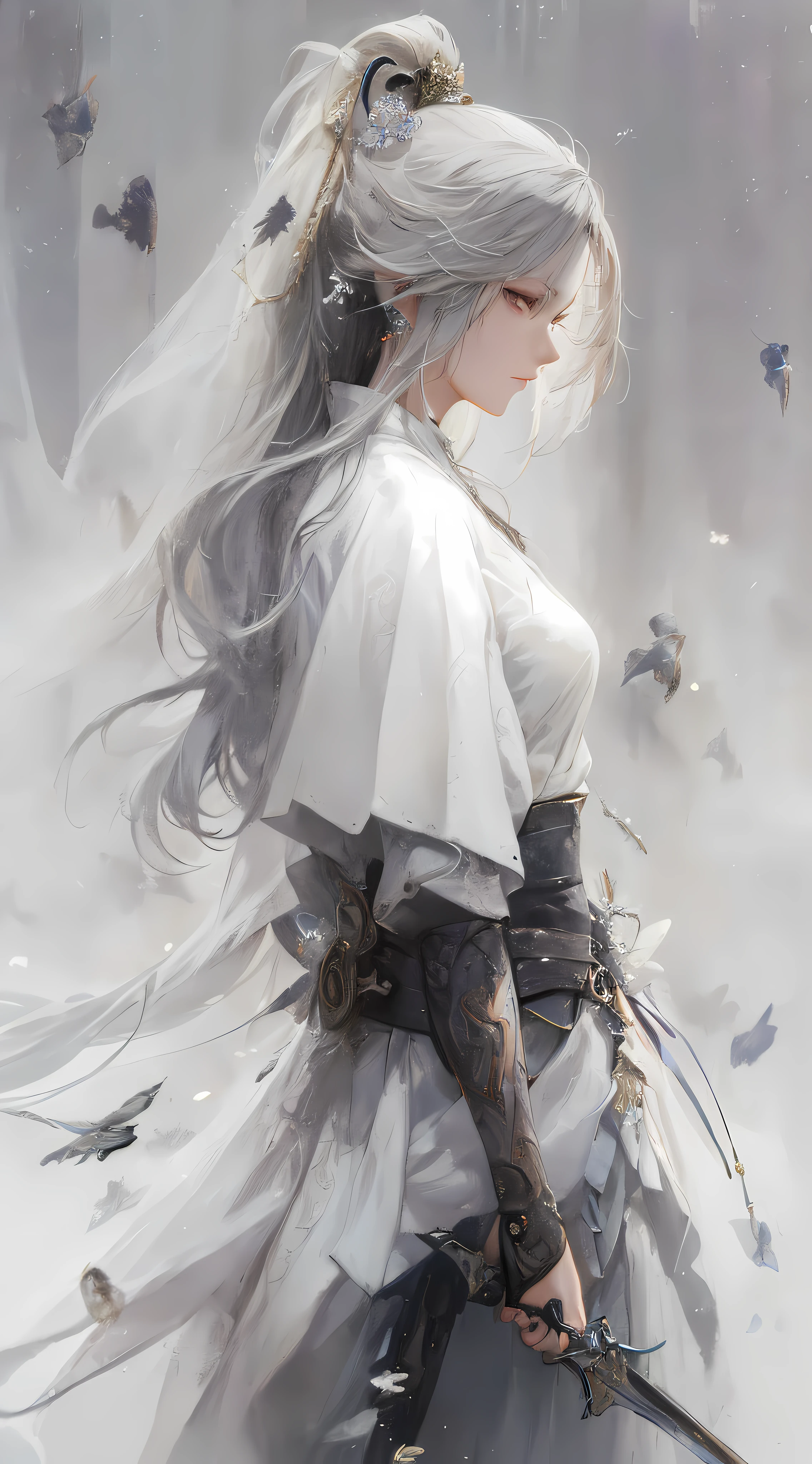 a close up of a woman with a sword in a white dress, a character portrait by Yang J, trending on cgsociety, fantasy art, beautiful character painting, artwork in the style of guweiz, guweiz, white hanfu, flowing white robes, full body wuxia, epic exquisite character art, stunning character art, beautiful female assassin