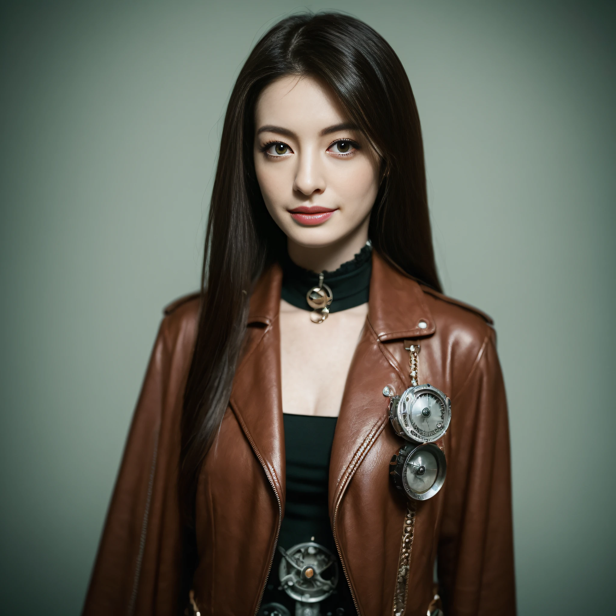 (8K, Best Quality, Masterpiece, Ultra High Definition, High Definition Face: 1.5), (highly detailed), (Anne Hathaway: 1.5), Portrait, (20-year-old girl: 1.3), Beautiful, Cute, Bokeh, (full body shot: 1.3), 1 beautiful woman, light smile, violently fluttering hair, cinematic light, Photos with clear shadows, 8 life size, (steampunk: 1.2), fantasy