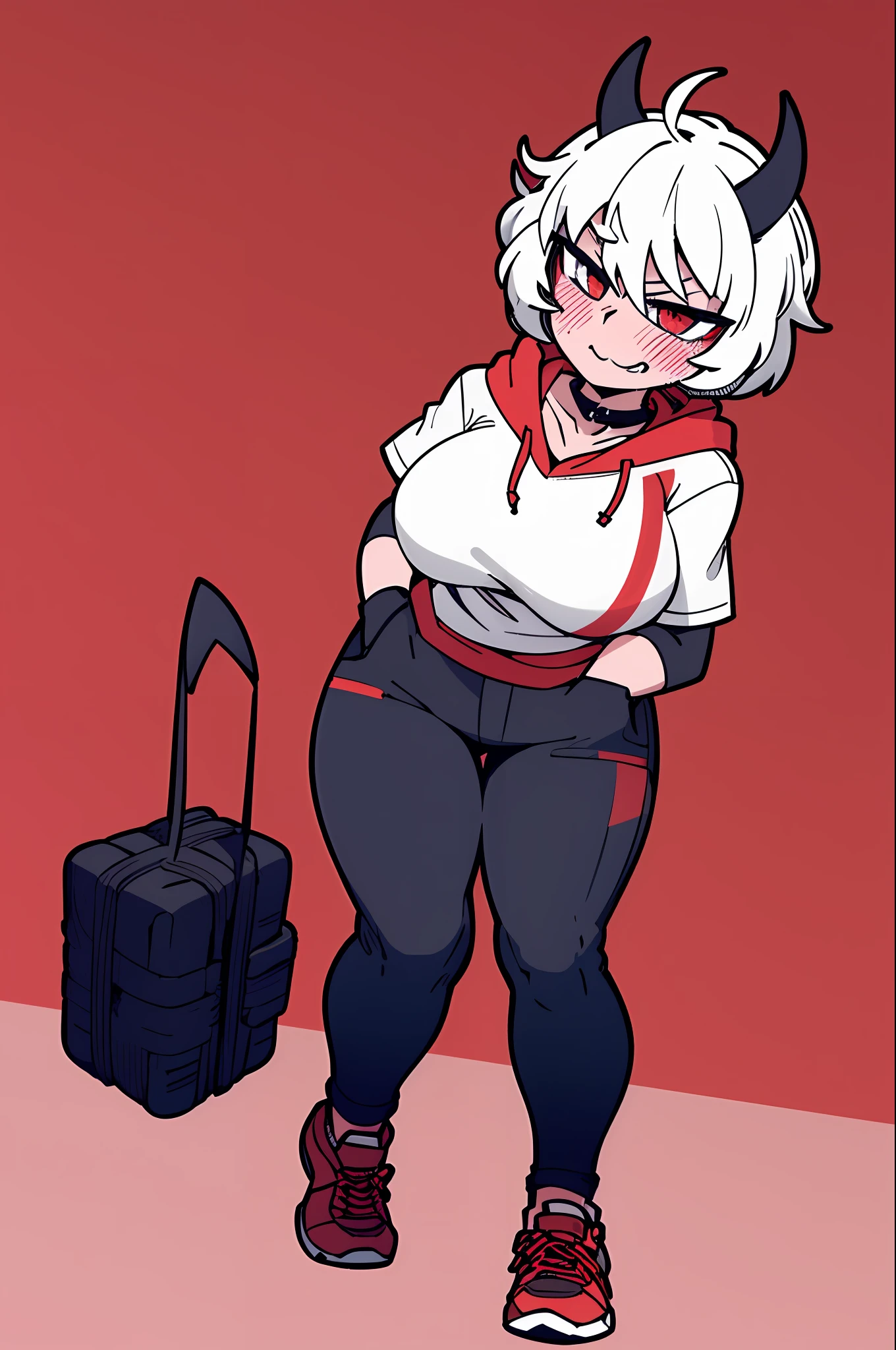 1girl, solo, short sleeve hoodie, black fingerless gloves, breasts, arms at sides, wide hips, blush, blushing, thick thighs, night, cross necklace, heart eyes, full body shot, horns on head, demon tail, black white and red outfit, red black and white background colors, black cargo shorts, white hair, tomboy, tall, short hair, smirk, smug, sneakers, running shoes, rolled up pants, exposed calf's, exposed thighs, leaning over, hands in pockets,