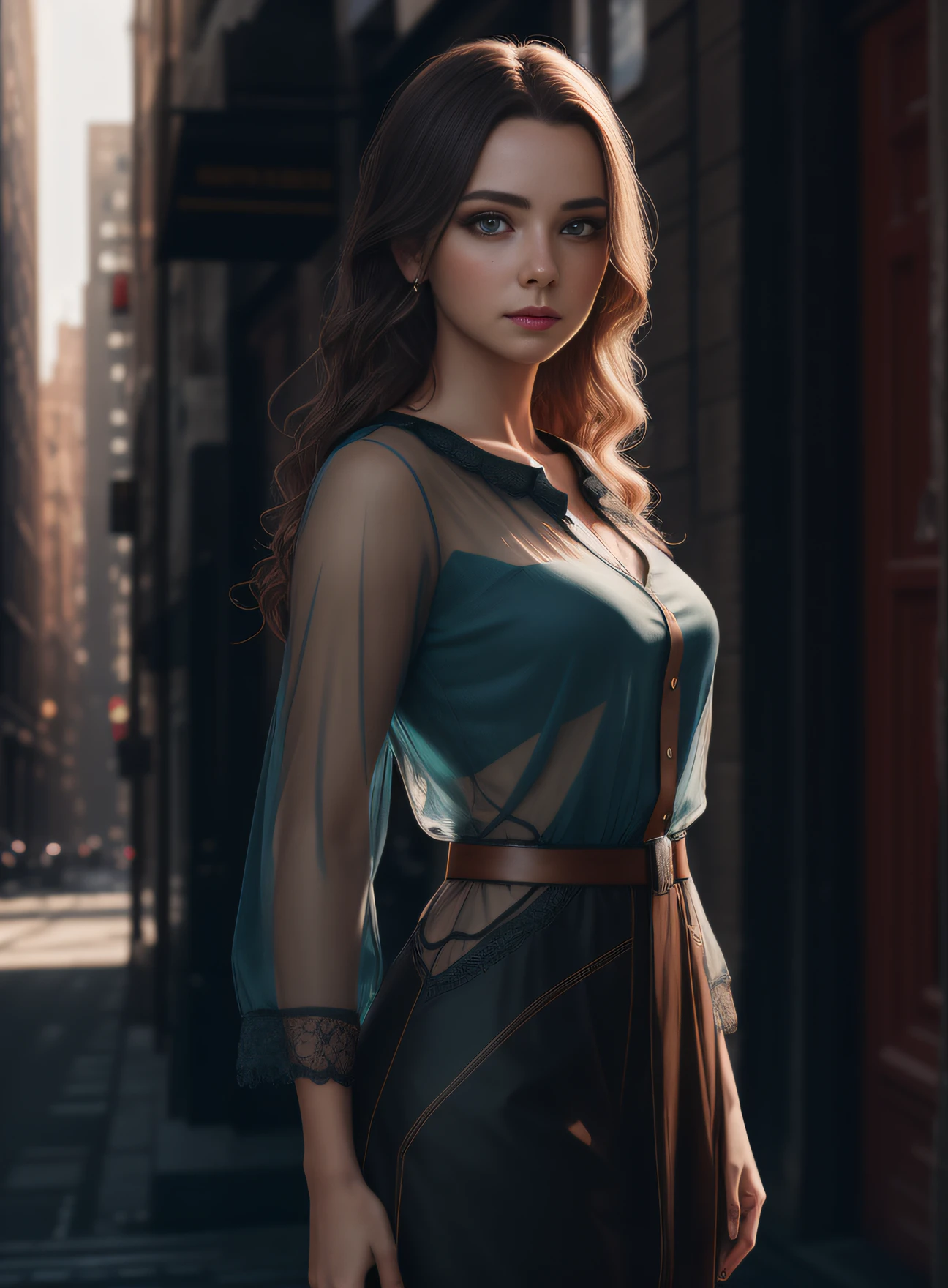 portrait photography, beautiful young woman with transparent western tunic dress, eyes visible through hair, proper eye position, natural skin, backlight, cinematic light, rim light, soft light , hips, in night time, city side background, detailed color graded background, intricate , highly detail, octane render, HD, 8k, by Annie Leibovitz