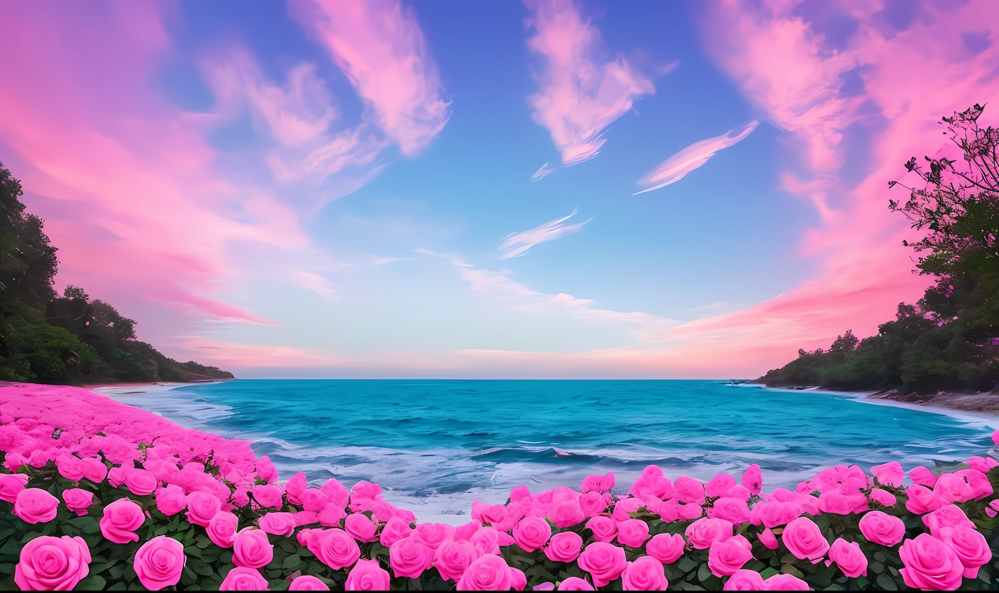 Pink moon, pink sky, soft pink clouds, pink ocean waves sparkling, sparkling, a few pink roses on pink ocean, fantasy, diamond, crown, universe, soft lights,