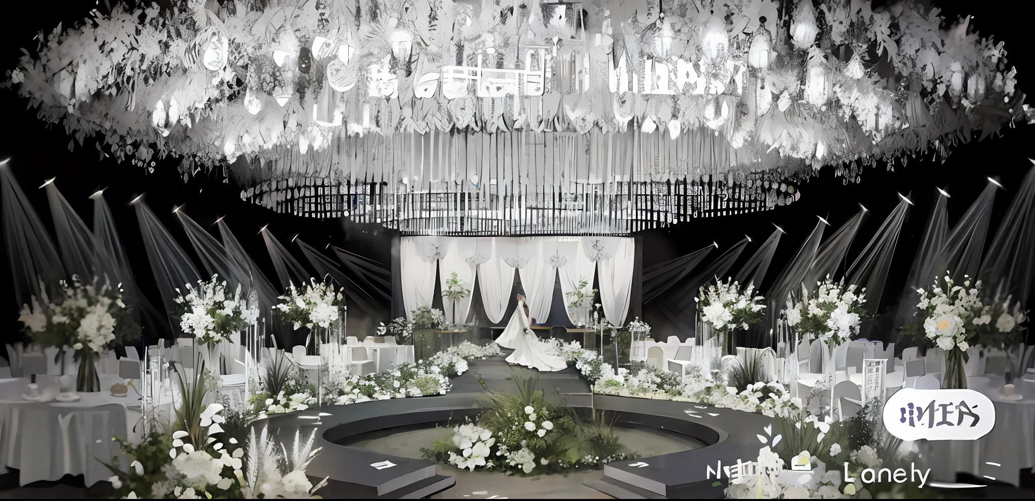 European Wedding，crystal lamp，White flowers，Banquet hall，opulent，delicated，NOhumans，inside room，Stage，Stage