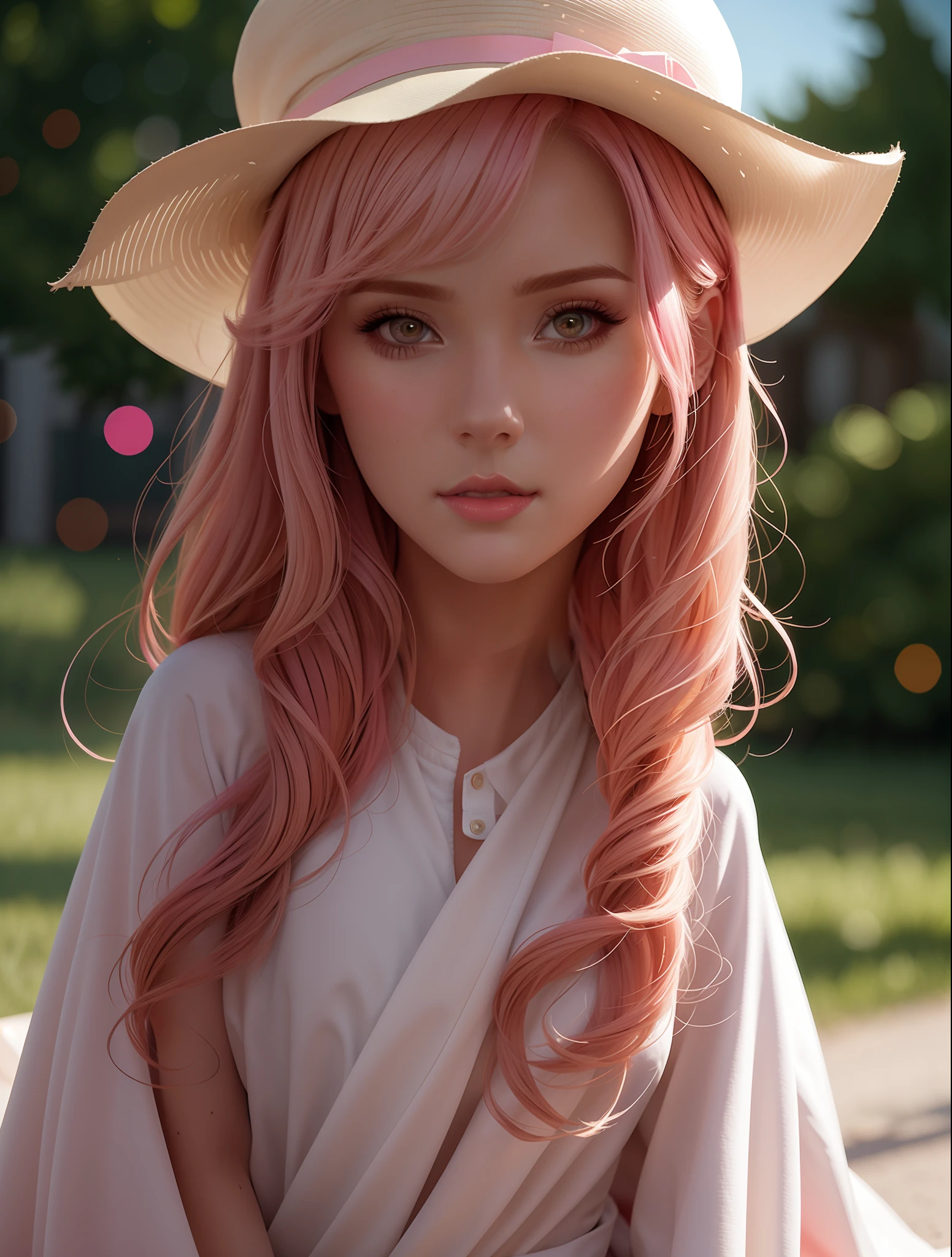 there is a woman with pink hair and a hat sitting on a blanket, artwork in the style of guweiz, cute detailed digital art, cute digital art, guweiz, adorable digital painting, pink girl, beautiful digital artwork, kawaii realistic portrait, 8k high quality detailed art, ross tran 8 k, anime styled digital art, beautiful digital illustration