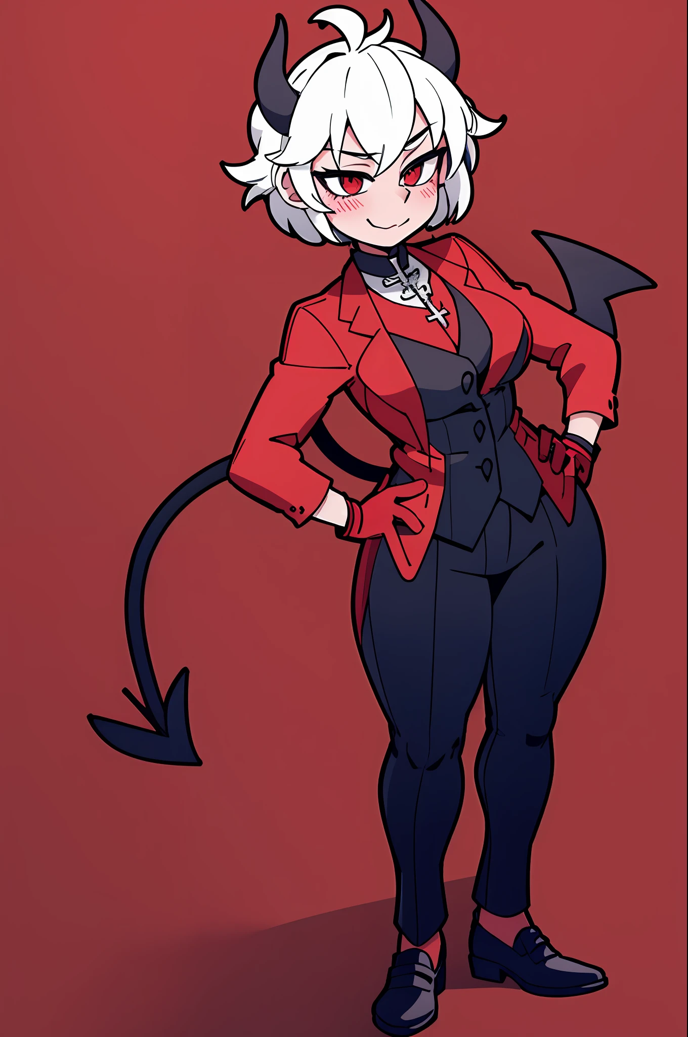 1girl, solo, black gloves, breasts, wide hips, blush, blushing, thick thighs, cross necklace, heart eyes, full body shot, horns on head, demon tail, black white and red outfit, red black and white background colors, white hair, tomboy, tall, hands on hips, short hair, smirk, dress shoes, red undershirt, suit vest, suit pants,