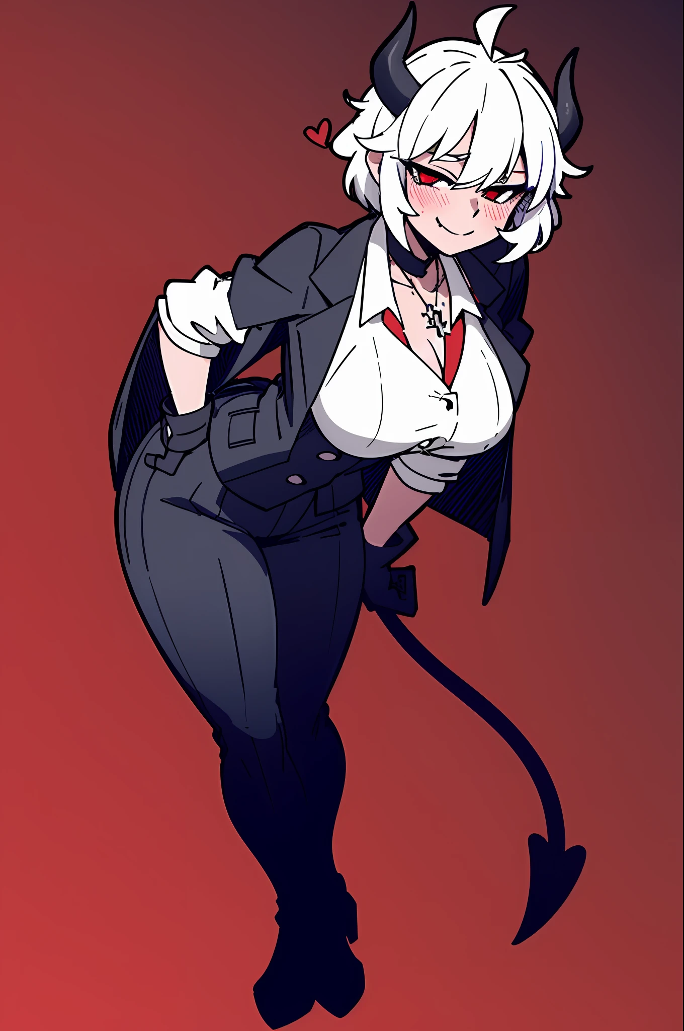 1girl, solo, black gloves, breasts, wide hips, blush, blushing, thick thighs, cross necklace, heart eyes, full body shot, horns on head, demon tail, black white and red outfit, red black and white background colors, white hair, tomboy, tall, hands on hips, short hair, smirk, dress shoes, red undershirt, suit vest, suit pants,