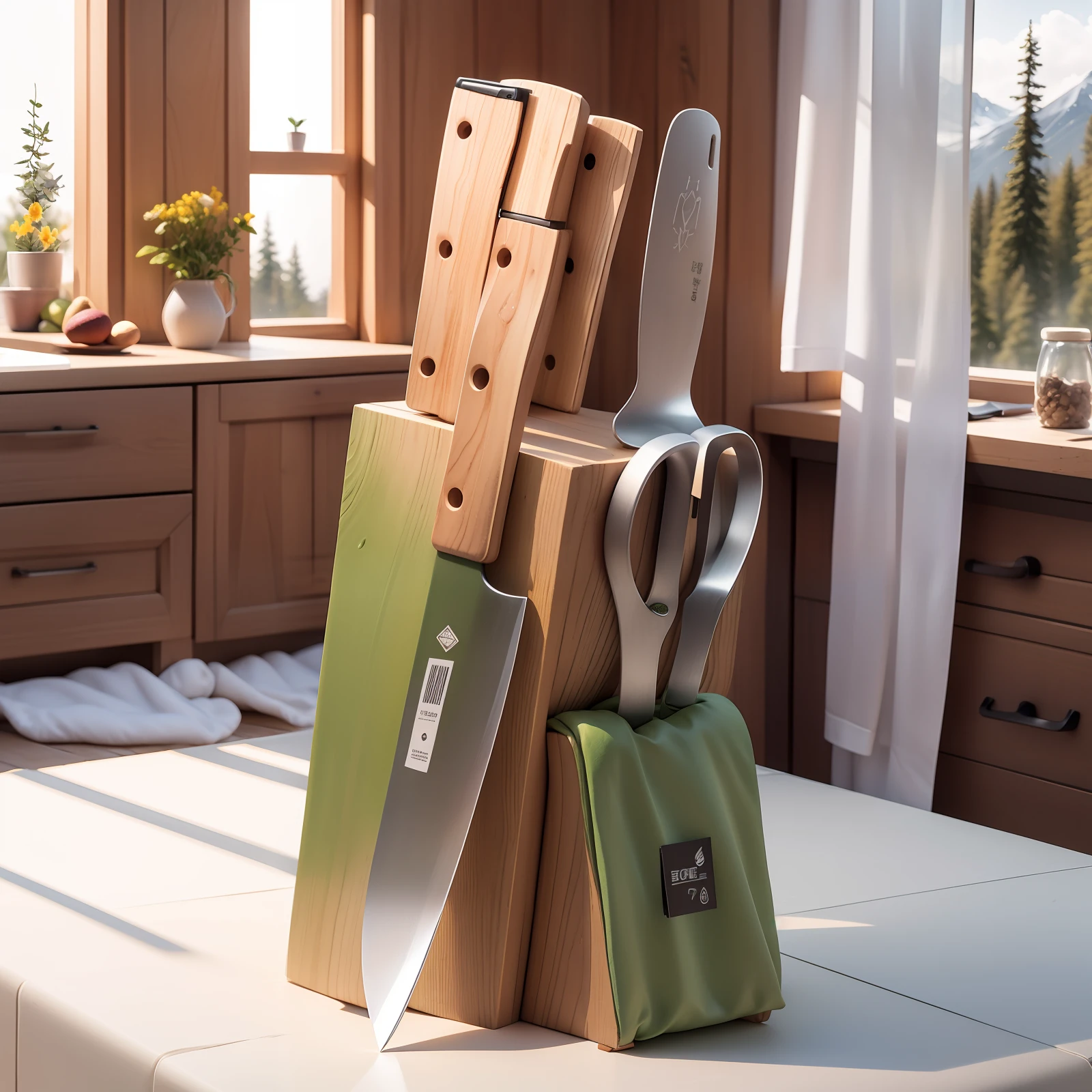 Hyper-realistic rendering,Set of knives is the mainstay,Avocados around,Chalet windows,The background is forest,Visible through the kitchen window,White gauze curtain