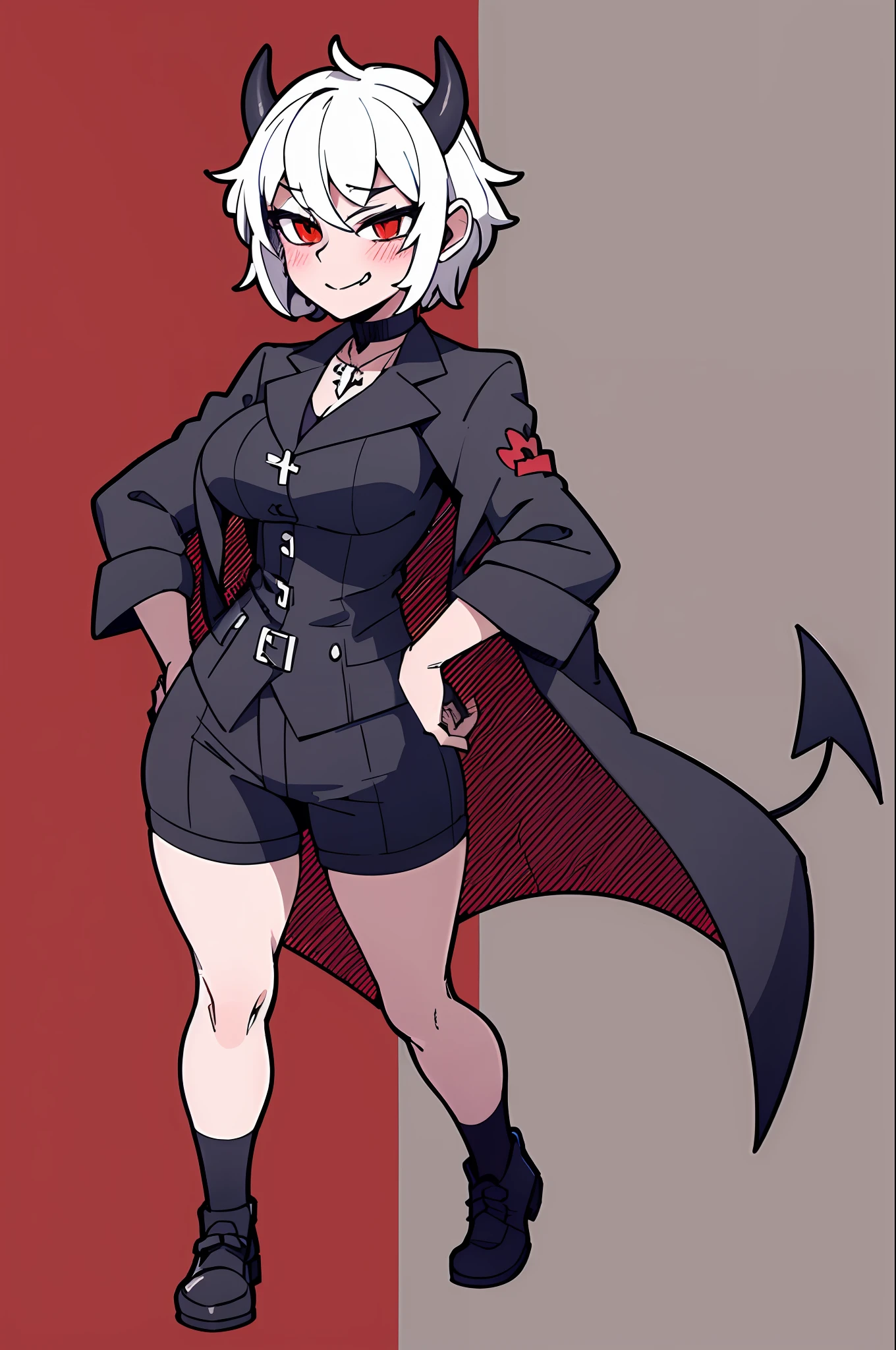 1girl, solo, black gloves, breasts, wide hips, blush, blushing, thick thighs, cross necklace, heart eyes, full body shot, horns on head, demon tail, black white and red outfit, red black and white background colors, white hair, tomboy, tall, hands on hips, short hair, smirk, dress shoes, shorts, no undershirt, suit coat,