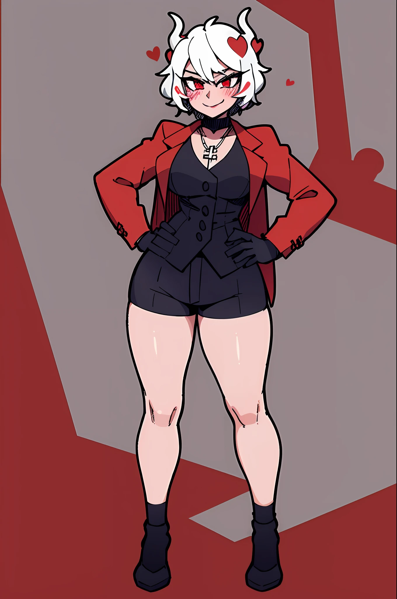 1girl, solo, black gloves, breasts, wide hips, blush, blushing, thick thighs, cross necklace, heart eyes, full body shot, horns on head, demon tail, black white and red outfit, red black and white background colors, white hair, tomboy, tall, hands on hips, short hair, smirk, dress shoes, shorts, no undershirt, suit coat,