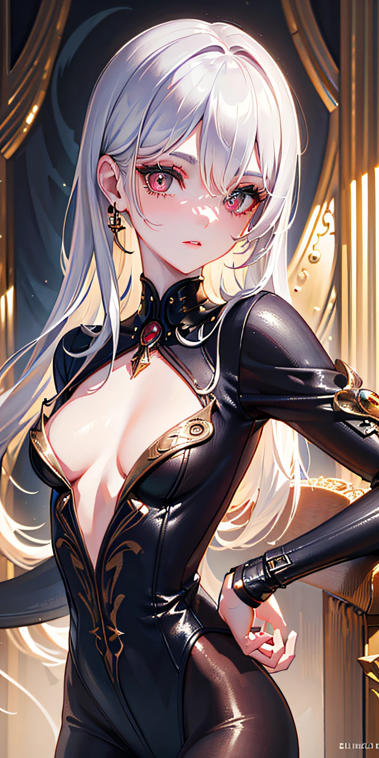 realistic, 1girl, white hair, purple eyes, japanese armor, backlighting, light particles, light rays, wallpaper,