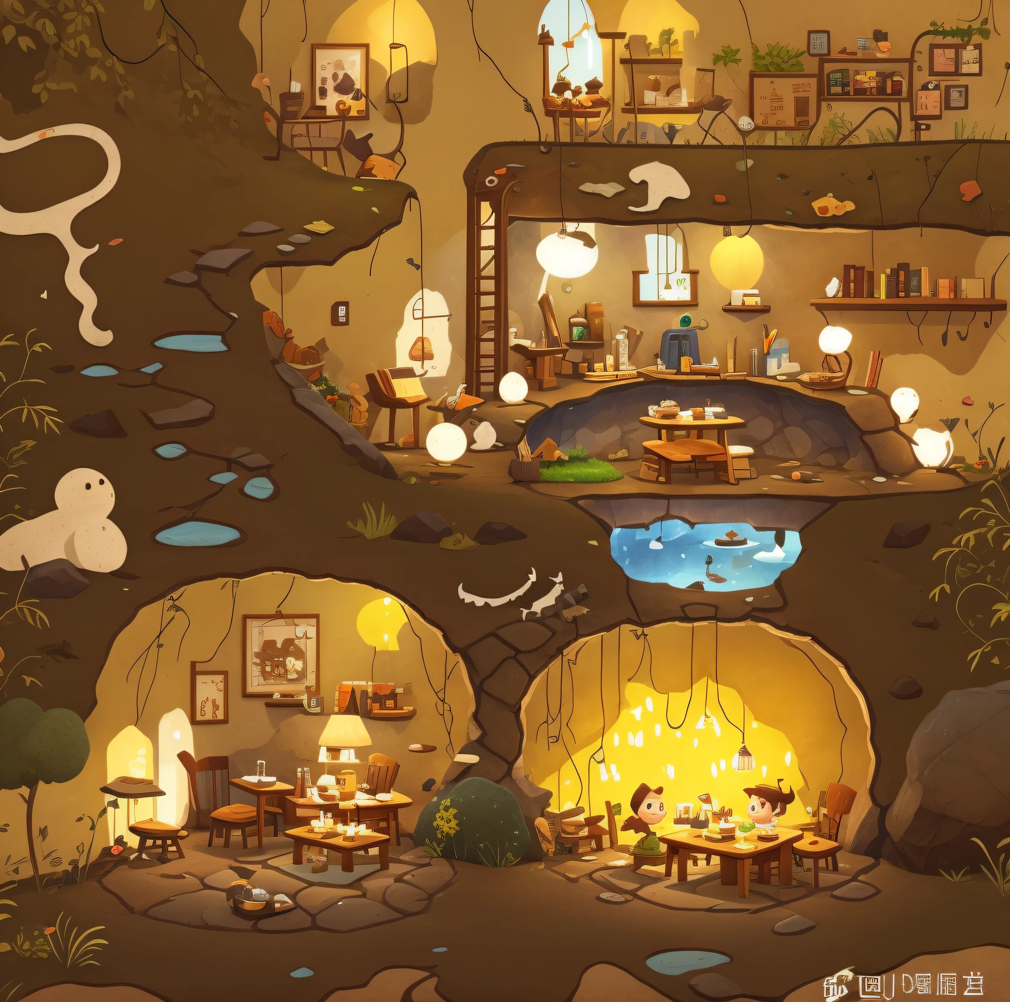 Cartoon ground hole close-up，animation scene，Professional scenography design，Game scene design，2D插图，2D插图，Lovely map of the cave，Flat illustration，Simple composition，Graphic illustration，dining room，Wooden dining table