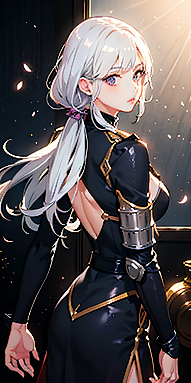 realistic, 1girl, white hair, purple eyes, japanese armor, backlighting, light particles, light rays, wallpaper,