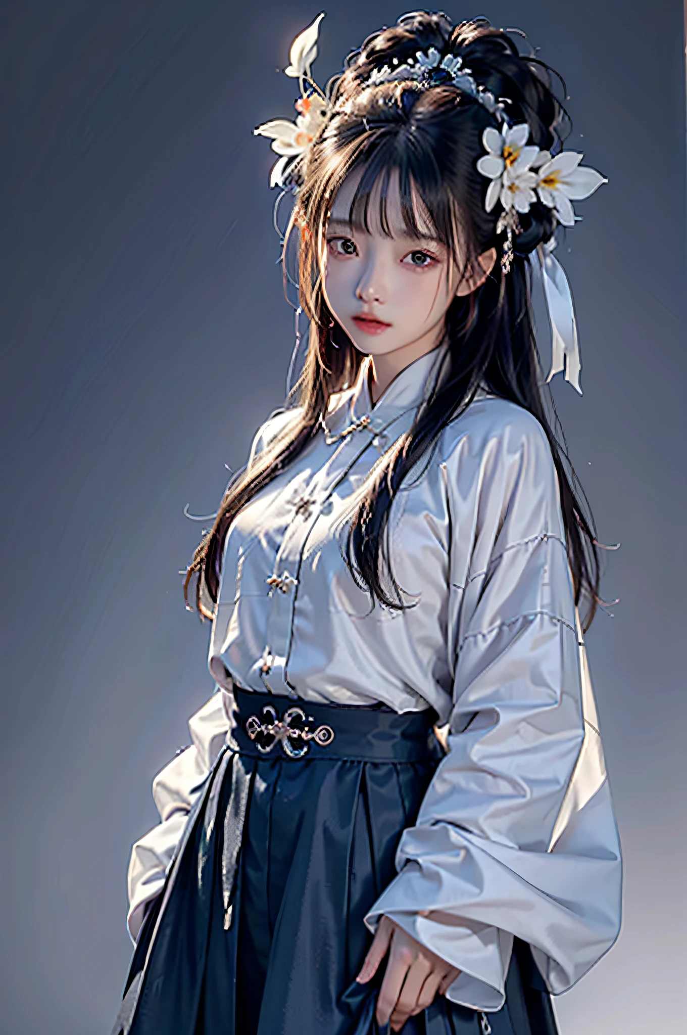 Hyperrealistic,4K,35mm,fashion,cinematography,magazine photoshoot,super high details, Professional lighting, masterpiece, Best quality, Super high resolution, Visually stunning, (1girls:1.3), (dark blue theme:1.2), Light gray background, Deep blue, Cowboy shot,Wuxia,Chinese style,Hanfu,Tang Feng,,The skin, Skirt,