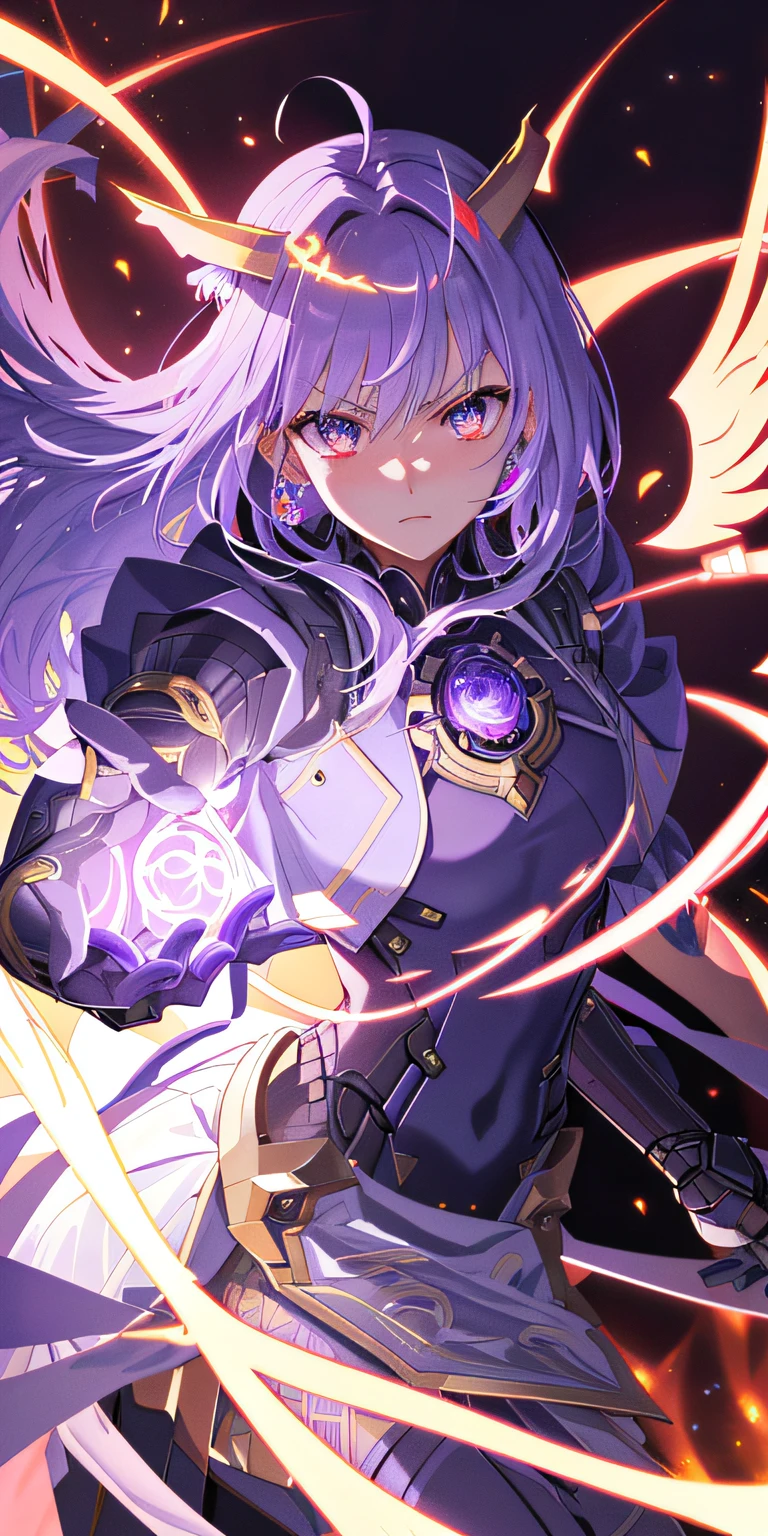 1girl, purple hair, symbol-shaped pupils, goddess of lightning, thunder, glowing, magic circle, backlighting, light particles, light rays, wallpaper,