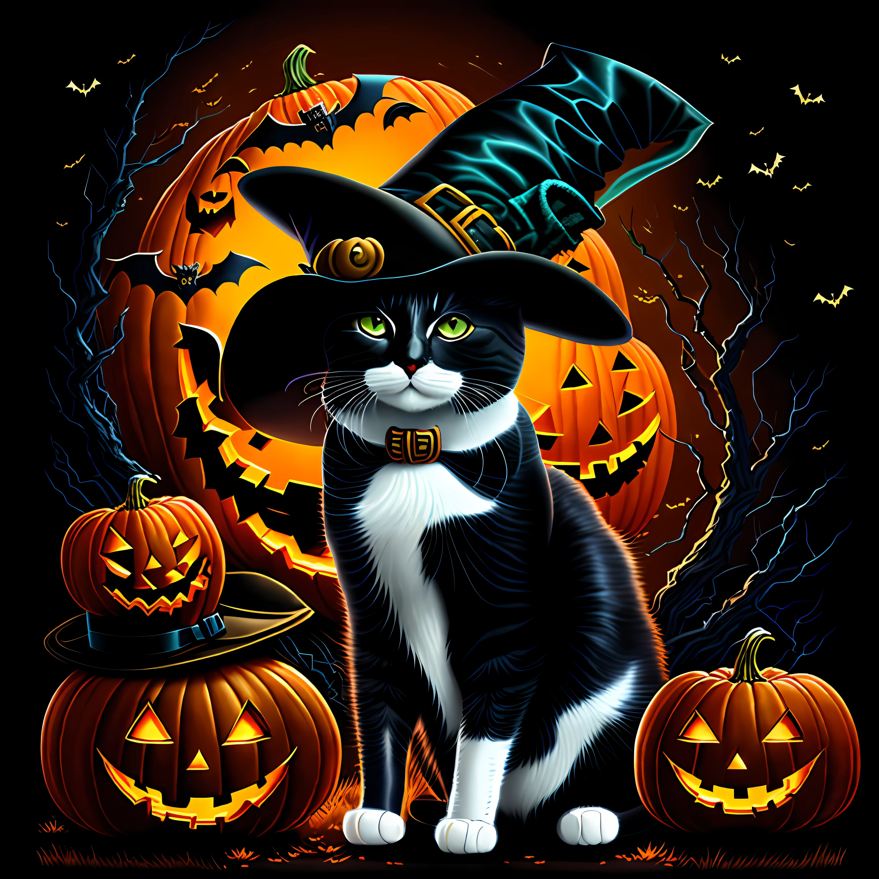 in a halloween style, halloween art style,cat with a hat, halloween theme, cat wearing a top hat, a witch's hat,, halloween, --auto