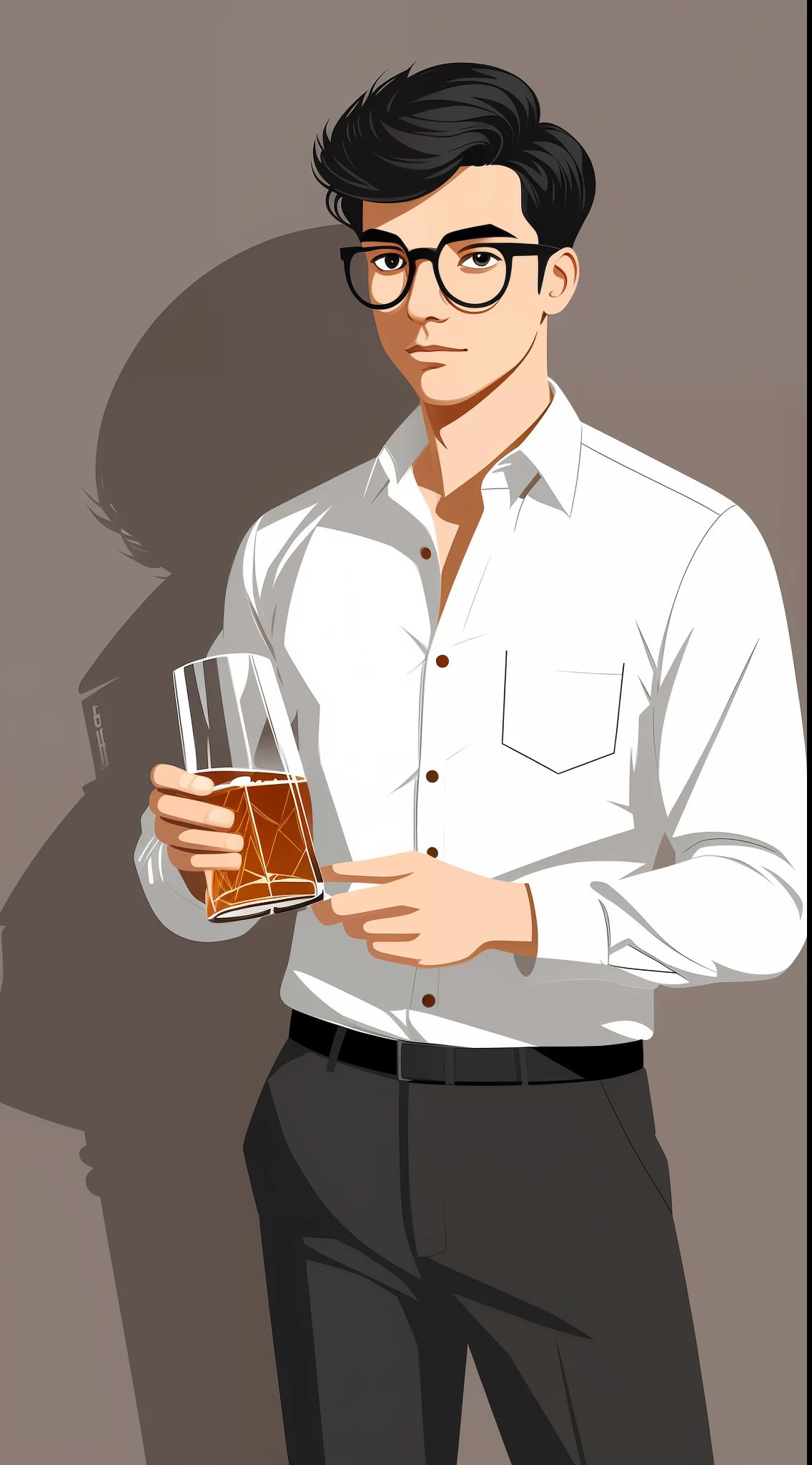 Illustration of black hair young man with white shirt and Wellington glasses holding whiskey drawn in a flat design