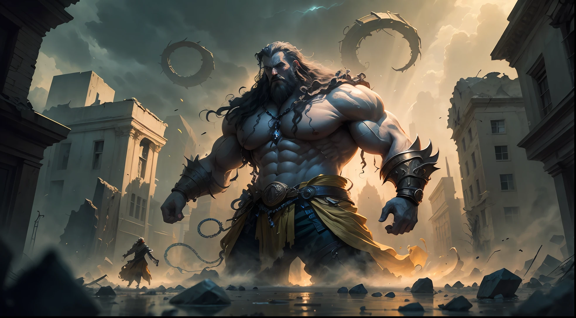The oil painting depicts Samson, a biblical character, em uma cena impressionante e poderosa. Samson is positioned between two destroyed wall columns, symbolizing their strength and impending doom. The scene is illuminated by rays of sunshine that pierce through the cracks of the walls, creating a striking contrast with the surrounding darkness.

Samson, with his imposing figure and sculpted muscles, Raise your mighty arms, demonstrating his incredible physical strength. Seu longo, loose hair dances in the air, representing your connection to divinity. His gaze is determined and fierce, demonstrating their determination to fulfill their destiny.

The surrounding walls are in ruins, with broken stones and debris strewn across the ground. The environment seems chaotic, as if the structure itself was giving way under Samson's formidable force. The details of the cracks and stone fragments emphasize the magnitude of Samson's destructive power.

The painting conveys a sense of intense and impending energy. Samson's imposing posture among the shattered columns reveals his connection to impending doom. The light of the sun's rays that pass through the cracks of the walls underscores its importance and central role in this moment of great significance.

Through this work, the painting captures the essence of Samson's story, emphasizing its outsized strength and its role as a divine instrument of justice and revenge. The image conveys a sense of power and triumph, while evoking a sense of impending tragedy, for Samson is aware of the consequences of his actions. --auto
