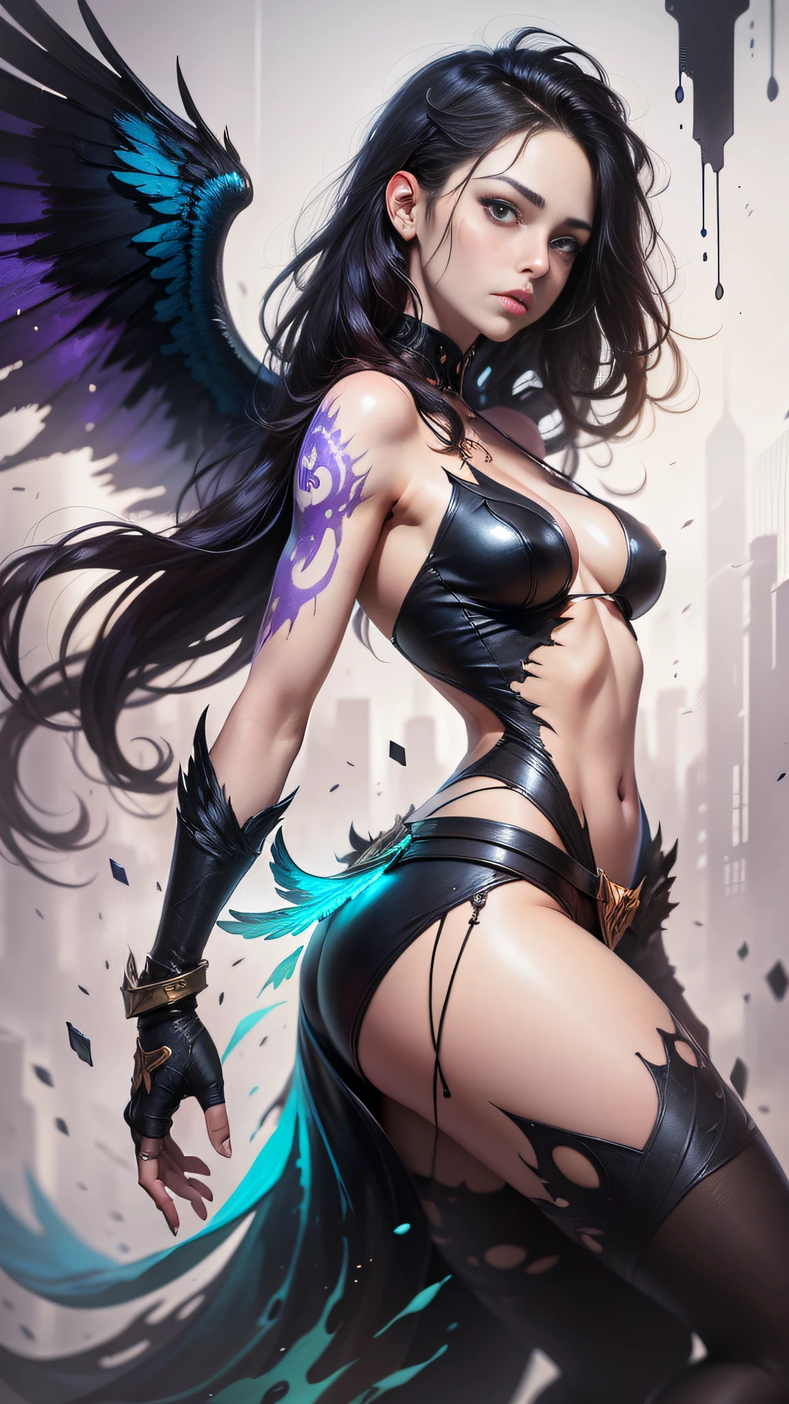 Morgana League of Legends, beautiful waist, beautiful face, beautiful eyes, purple eyes, black hair, fantasy world, two wings sticking out of her back, bright background, clean design, epic instagram, artstation , colorful paint splash, outlines, highly detailed, intricately detailed, unreal engine, fantastic, splash screen, complementary colors, fantasy concept art, 8k resolution, pale skin, extreme quality, highly detailed, super detailed face, ultra hd 8k, head must be on frame, stand up, heterochromia, perfect anatomy, centered, close to perfection, dynamic, character sheet, smooth, sharp focus, by junki kim Art, Artgerm, Carne Griffiths, Wadim Kashin, Sasha Yakovleva, Roisch, Jeremy Mann, full body shots, character sheets, Lightning Wave, beautiful animated watercolors, paint drips by Tim Okamura, Viktor Nizovtsev, Greg Rutkowski, golden ratio illustrations ,