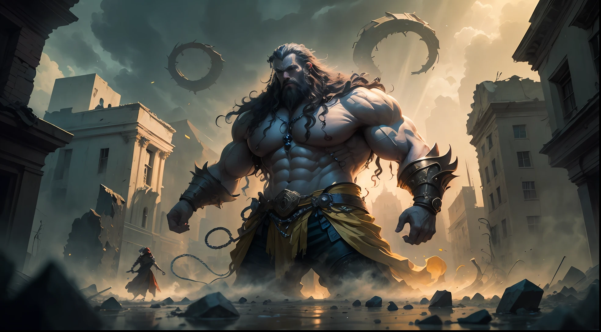 The oil painting depicts Samson, a biblical character, em uma cena impressionante e poderosa. Samson is positioned between two destroyed wall columns, symbolizing their strength and impending doom. The scene is illuminated by rays of sunshine that pierce through the cracks of the walls, creating a striking contrast with the surrounding darkness.
Samson, with his imposing figure and sculpted muscles, Raise your mighty arms, demonstrating his incredible physical strength. Seu longo, loose hair dances in the air, representing your connection to divinity. His gaze is determined and fierce, demonstrating their determination to fulfill their destiny.
The surrounding walls are in ruins, with broken stones and debris strewn across the ground. The environment seems chaotic, as if the structure itself was giving way under Samson's formidable force. The details of the cracks and stone fragments emphasize the magnitude of Samson's destructive power.
The painting conveys a sense of intense and impending energy. Samson's imposing posture among the shattered columns reveals his connection to impending doom. The light of the sun's rays that pass through the cracks of the walls underscores its importance and central role in this moment of great significance.
Through this work, the painting captures the essence of Samson's story, emphasizing its outsized strength and its role as a divine instrument of justice and revenge. The image conveys a sense of power and triumph, while evoking a sense of impending tragedy, for Samson is aware of the consequences of his actions. --auto