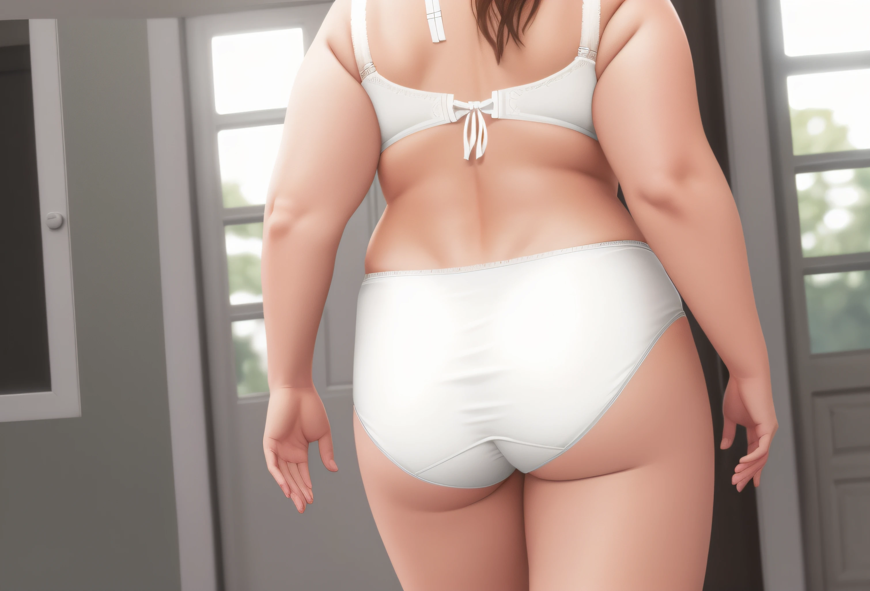 Plus-sized Caucasian woman, in big white panties, and white bra, back shot, big butt, crop shot, walking around home, photo realistic, intricate details