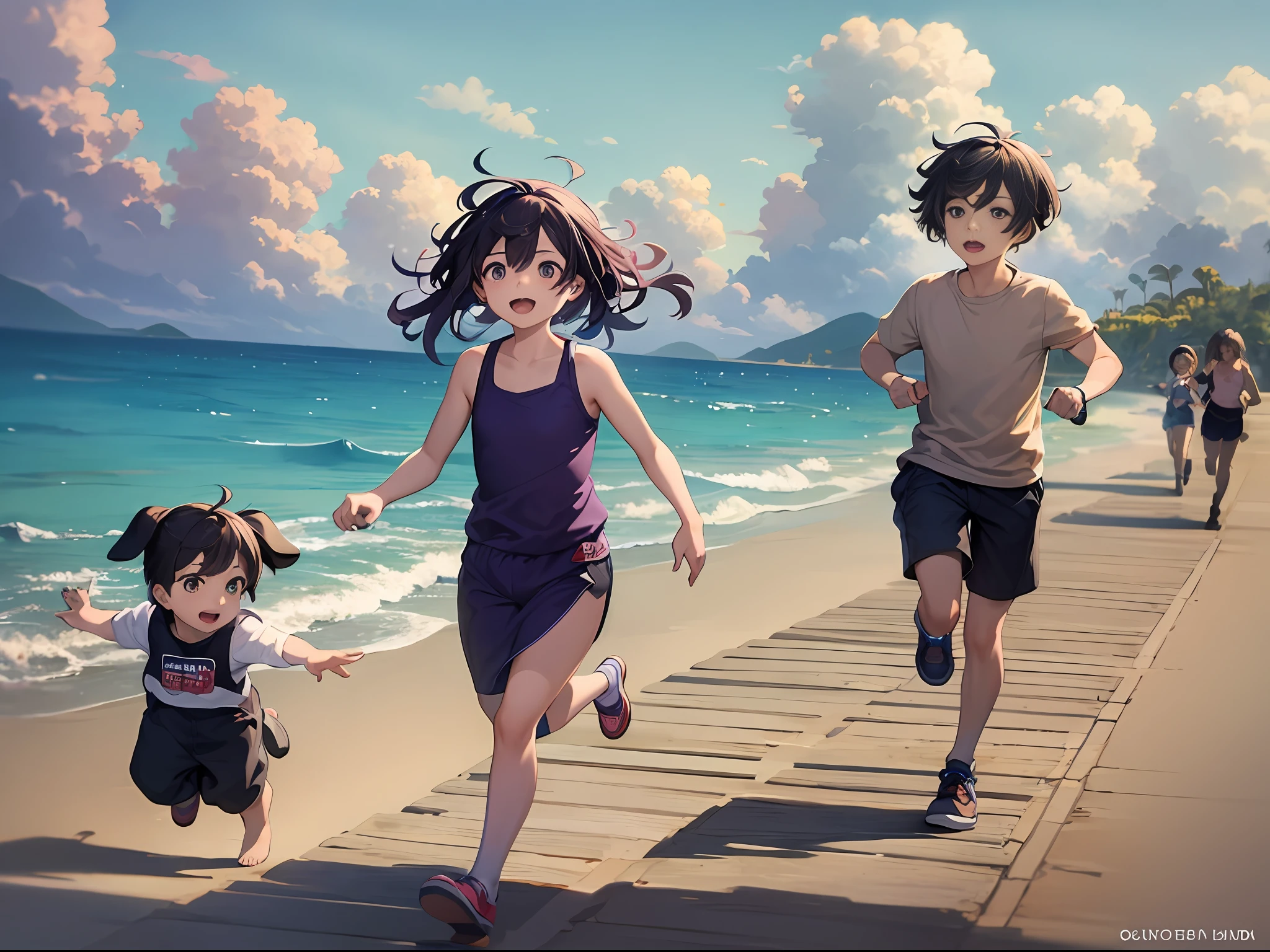 there are three children and a dog running on the beach, kids book illustration, kids playing at the beach, kids book illustration, kids playing at the beach, childrens illustration, kids book illustration, kids book illustration, dibujos animados infantiles, colorful kids book illustration, stylized digital illustration, Correr libremente, illustration for children, kids book illustration, kids book illustration
