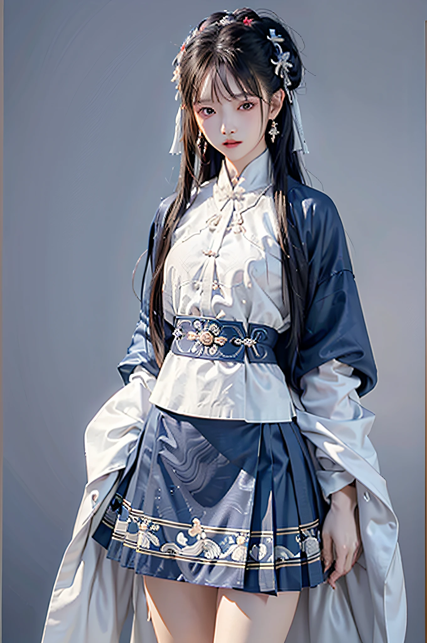 Hyperrealistic,4K,35mm,fashion,cinematography,magazine photoshoot,super high details, Professional lighting, masterpiece, Best quality, Super high resolution, Visually stunning, (1girls:1.3), (dark blue theme:1.2), Light gray background, Deep blue, Cowboy shot,Wuxia,Chinese style,Hanfu,Tang Feng,,The skin, Skirt，