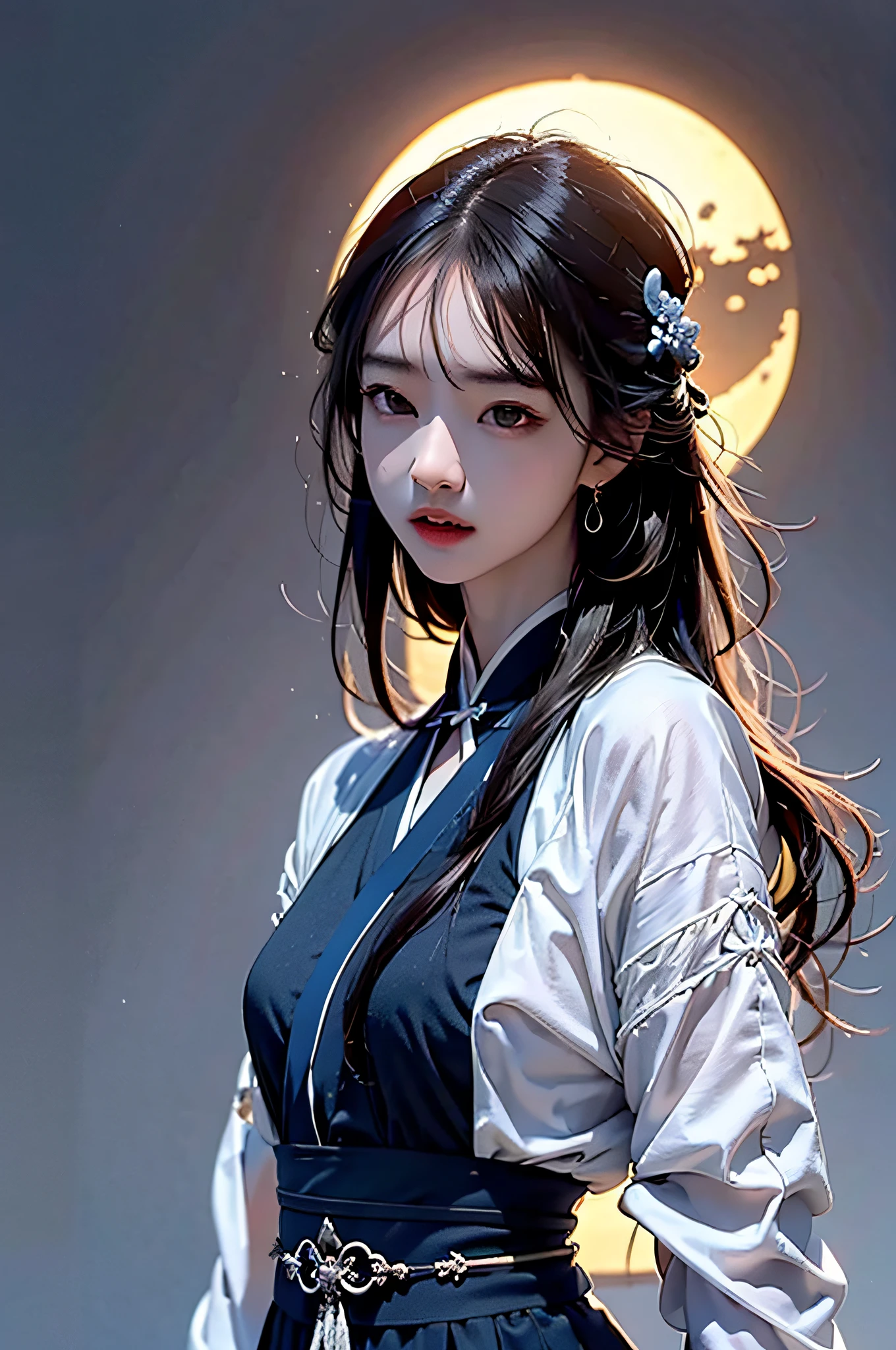 （Hyperrealistic,）4K,35mm,cinematography，super high details, Professional lighting, Best quality, Super high resolution, Visually stunning, (1girls:1.3), (dark blue theme:1.2), Light gray background, Deep blue, Wuxia,Chinese style,Hanfu,Tang Feng,,The skin, Skirt，