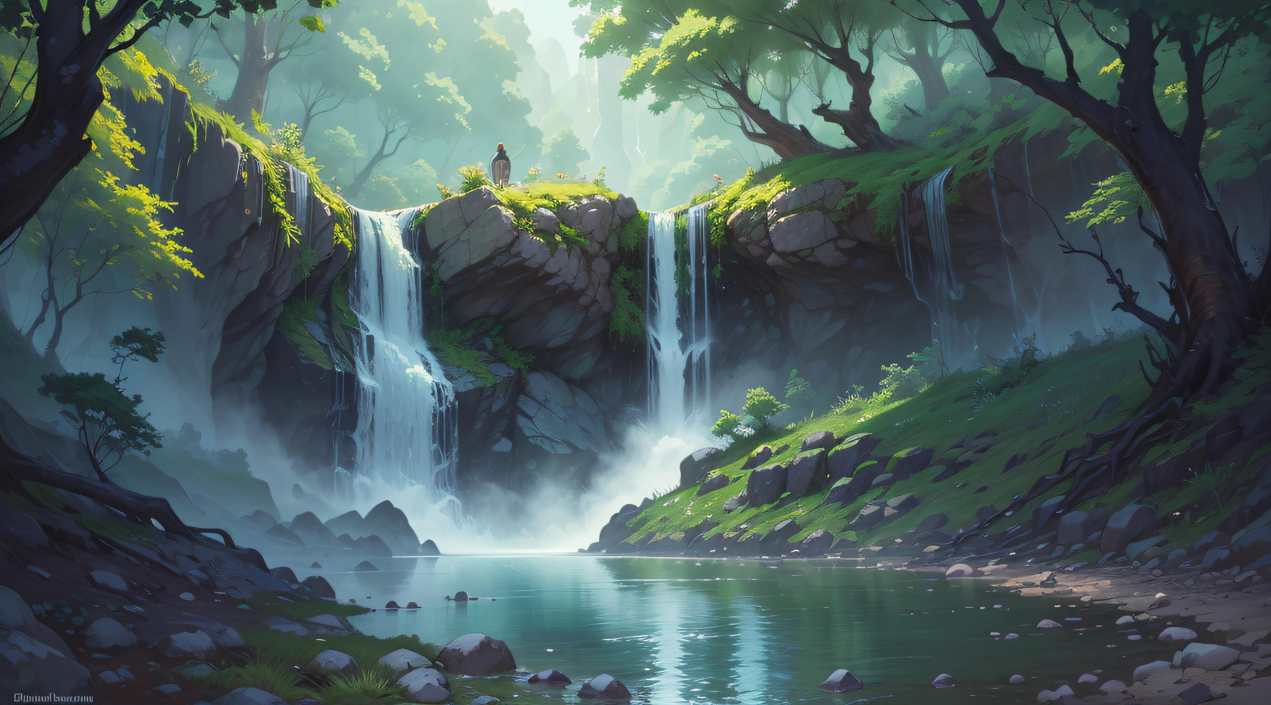(A magical forest with a stream and high waterfalls.:1.1), motor irreal, cinematiclighting, arte conceitual, chiaroscuro, profundidade de campo, UHD, ((super detalhe, alta qualidade, melhor qualidade, preciso, 16k)),1772Pixel-1280Pixel, natural scenery, fora, HDR, ornamentado, alto detalhe, detalhes intrincados, hiperdetalhado:1.15, fundo detalhado, Water and paint, (estilo de (Greg Rutkowski:1.0) e (Darek Zabrocki:0.8) e (Andreas Rocha:0.8):1.2), rochas gigantescas, sky with clouds, lua, planetas,