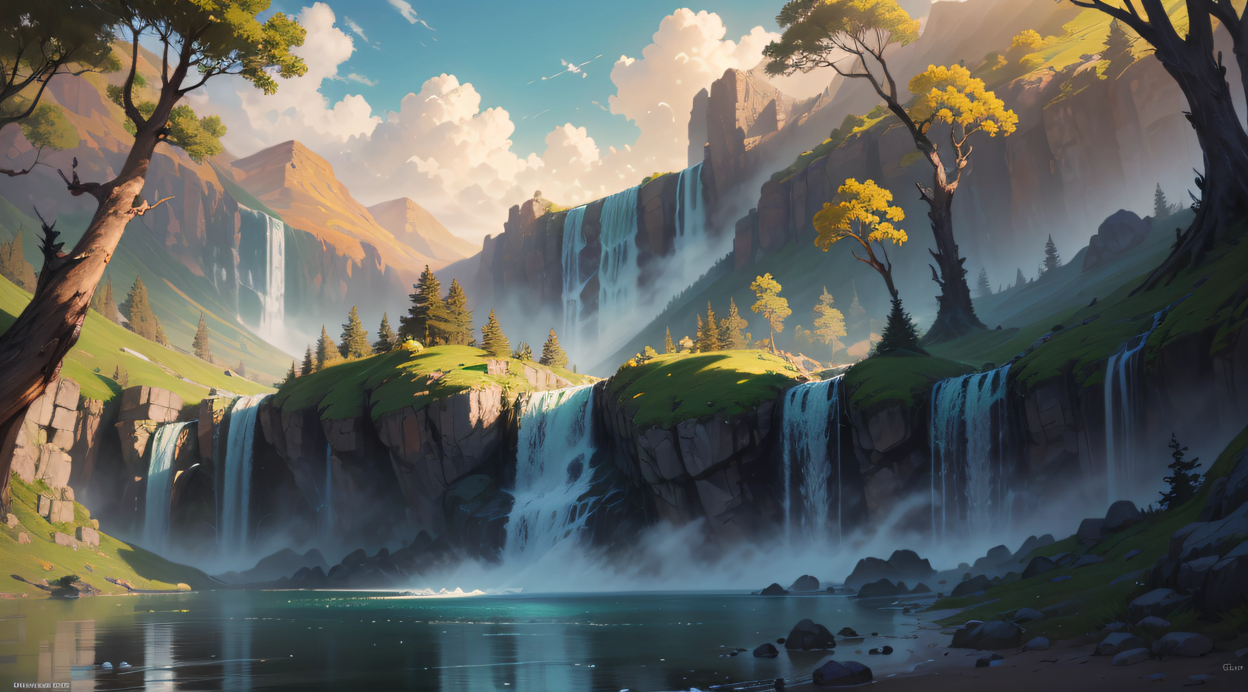 (A magical forest with a stream and high waterfalls.:1.1), motor irreal, cinematiclighting, arte conceitual, chiaroscuro, profundidade de campo, UHD, ((super detalhe, alta qualidade, melhor qualidade, preciso, 16k)),1772Pixel-1280Pixel, natural scenery, fora, HDR, ornamentado, alto detalhe, detalhes intrincados, hiperdetalhado:1.15, fundo detalhado, Water and paint, (estilo de (Greg Rutkowski:1.0) e (Darek Zabrocki:0.8) e (Andreas Rocha:0.8):1.2), rochas gigantescas, sky with clouds, lua, planetas,