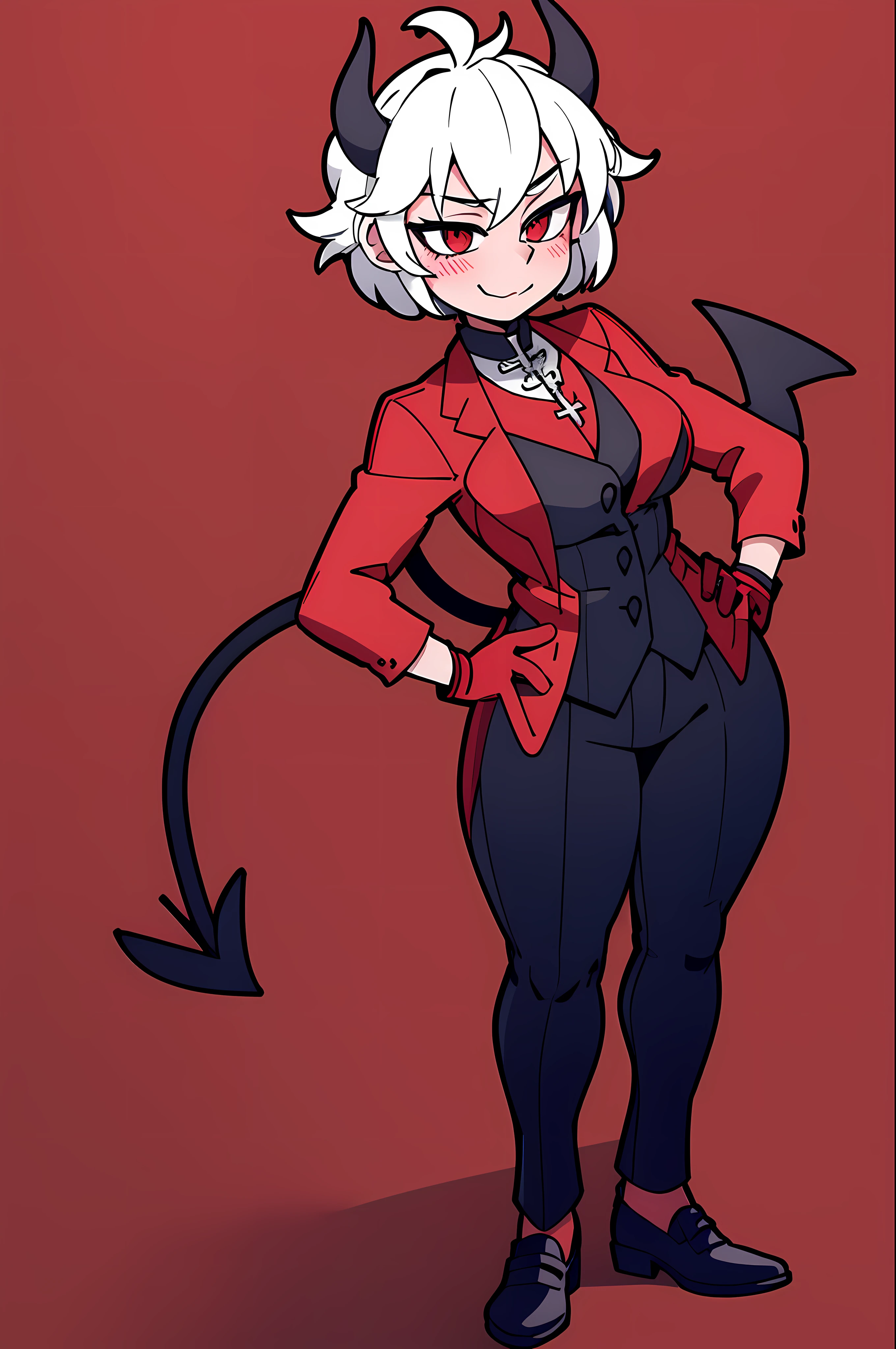 1girl, solo, black gloves, breasts, wide hips, blush, blushing, thick thighs, cross necklace, heart eyes, full body shot, horns on head, demon tail, black white and red outfit, red black and white background colors, white hair, tomboy, tall, hands on hips, short hair, smirk, dress shoes, red undershirt, suit vest, suit pants,