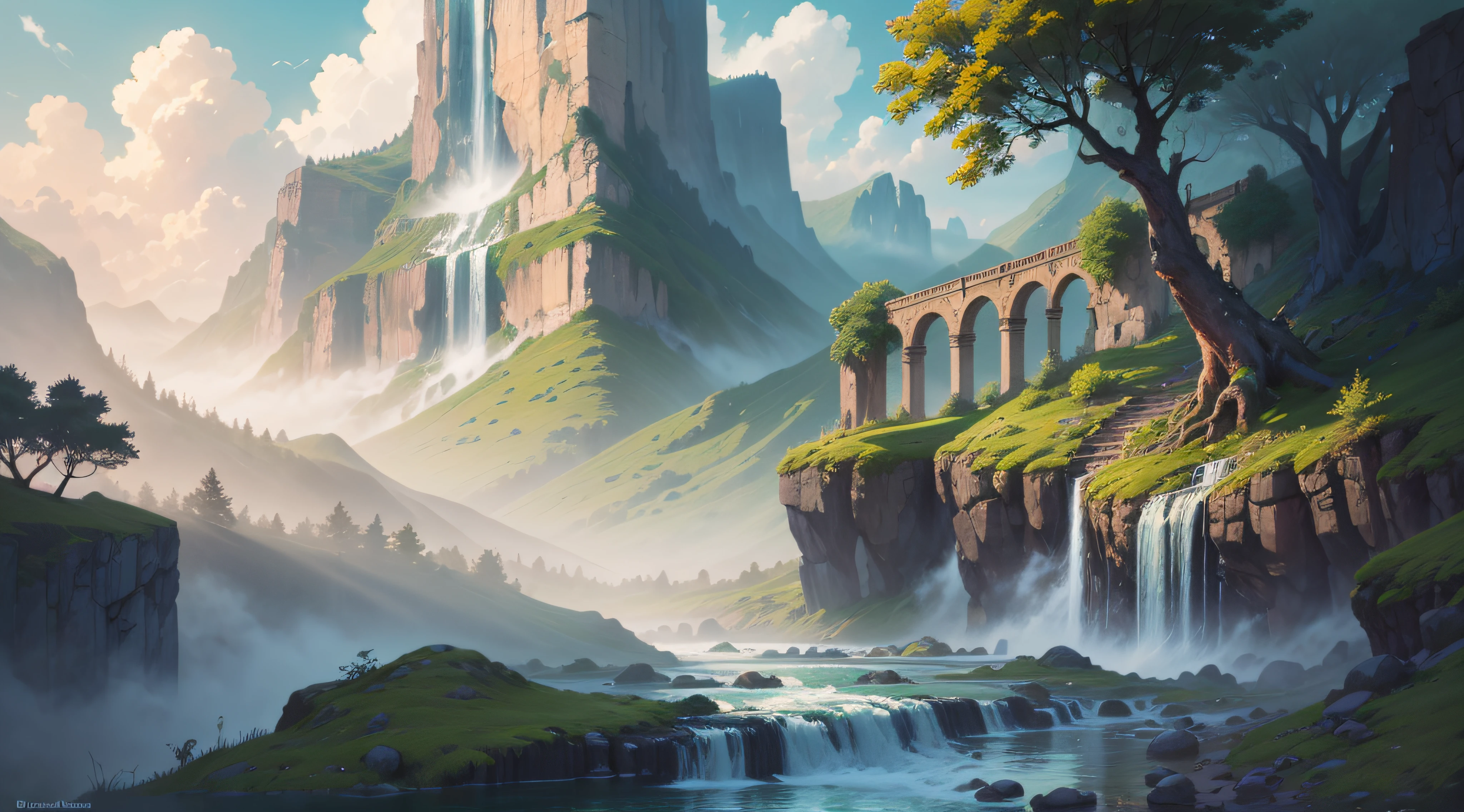 (A magical forest with a stream and high waterfalls.:1.1), motor irreal, cinematiclighting, arte conceitual, chiaroscuro, profundidade de campo, UHD, ((super detalhe, alta qualidade, melhor qualidade, preciso, 16k)),1772Pixel-1280Pixel, natural scenery, fora, HDR, ornamentado, alto detalhe, detalhes intrincados, hiperdetalhado:1.15, fundo detalhado, Water and paint, (estilo de (Greg Rutkowski:1.0) e (Darek Zabrocki:0.8) e (Andreas Rocha:0.8):1.2), rochas gigantescas, sky with clouds, lua, planetas,