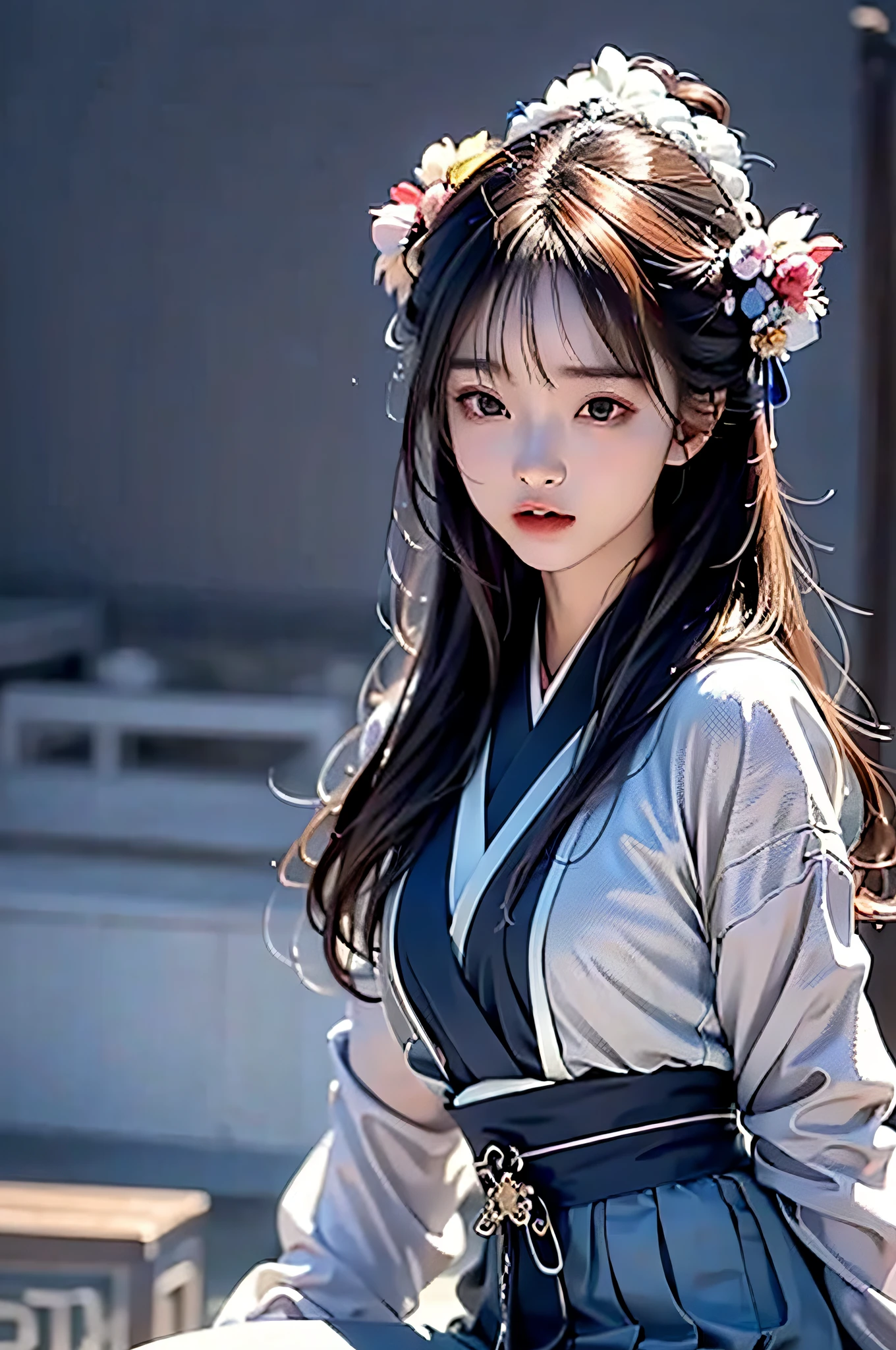 (Hyperrealistic,)4K,35mm,cinematography,super high details, Professional lighting, Best quality, Super high resolution, Visually stunning, (1girls:1.3), (dark blue theme:1.2), Light gray background, Deep blue, Wuxia,Chinese style,Hanfu,Tang Feng,realskin, Skirt,
