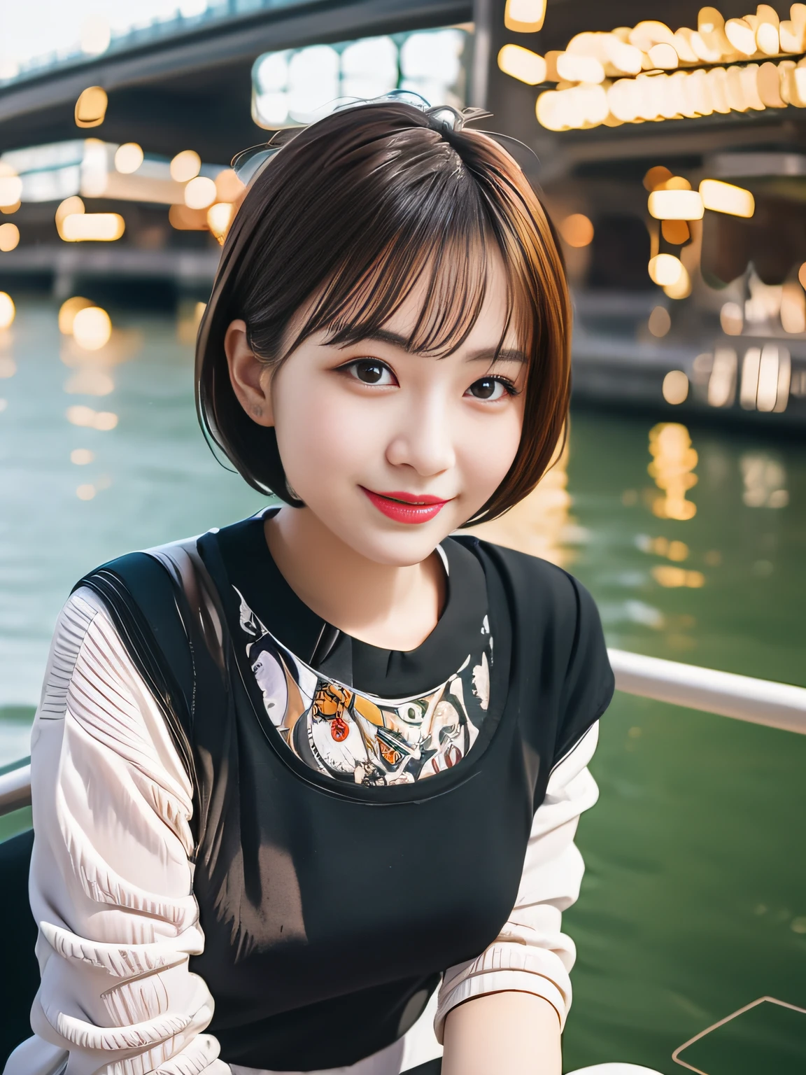 a smile、white clothing、along the river、day time