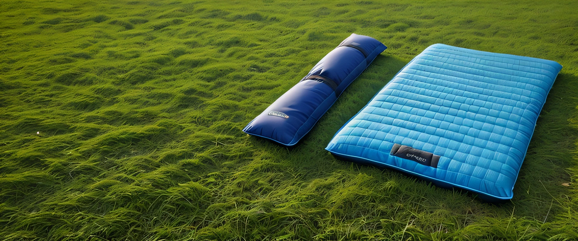 Blue sleeping pad and green sleeping pad, high - angle view, top angle view, angled view, Bottom angle, textured base ; product image,grass field,camping,during daytime,blue-sky
