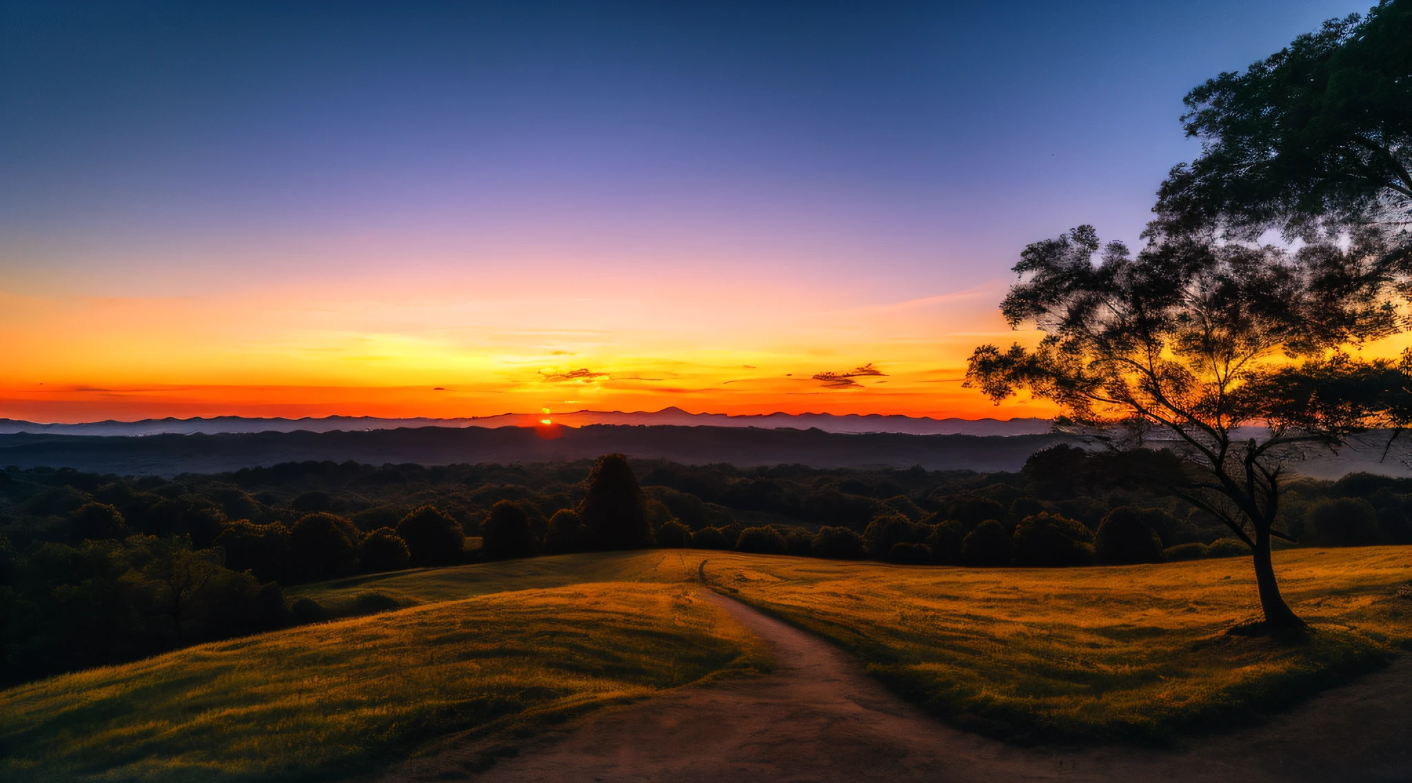 landscape, Sunset, evening glow, distant view, realistic, rich colors, gorgeous and colorful, wide-angle shot, evening hours, positive film type, naturalistic style, high-definition quality