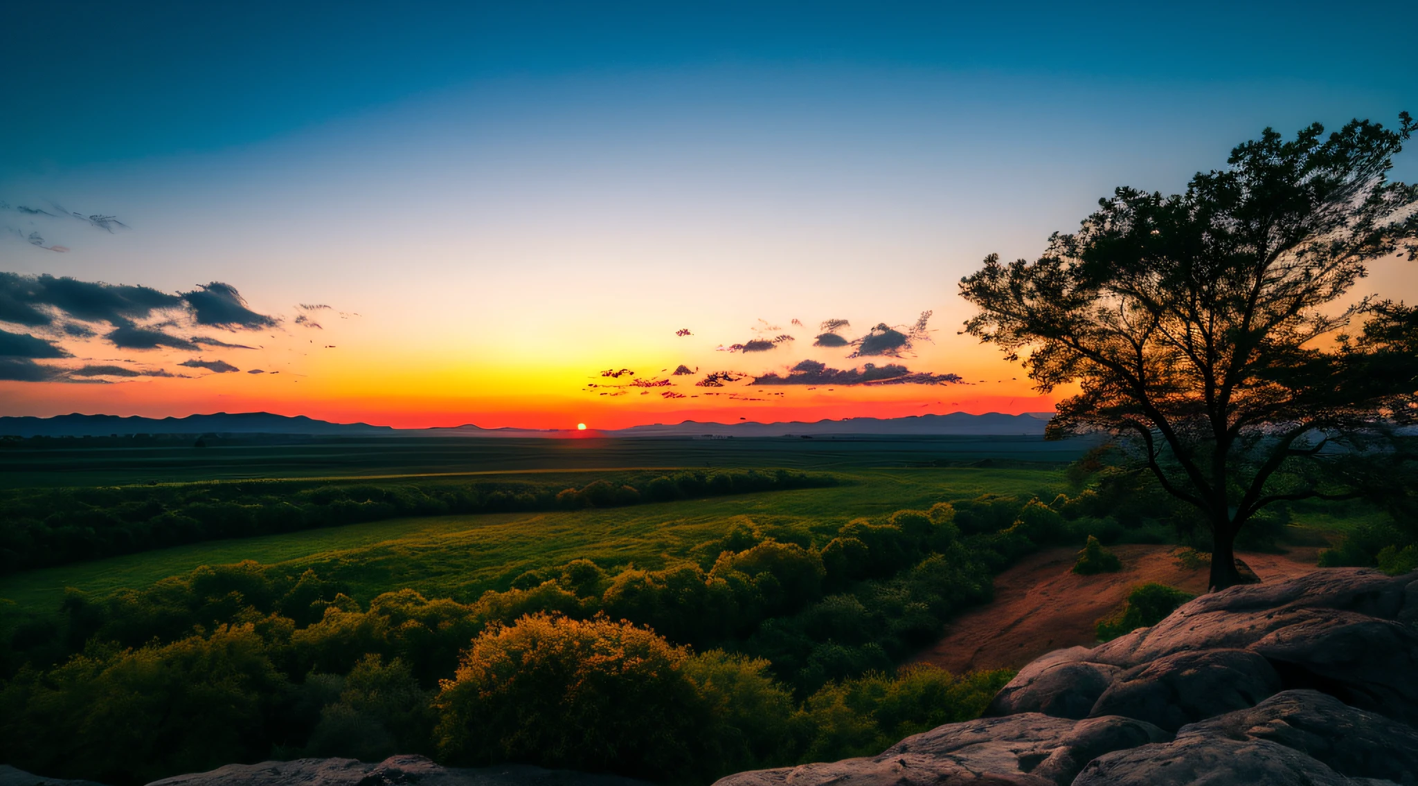 landscape, Sunset, evening glow, distant view, realistic, rich colors, gorgeous and colorful, wide-angle shot, evening hours, positive film type, naturalistic style, high-definition quality