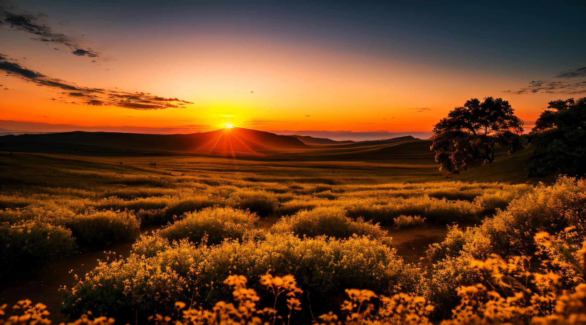 landscape, Sunset, evening glow, distant view, realistic, rich colors, gorgeous and colorful, wide-angle shot, evening hours, positive film type, naturalistic style, high-definition quality