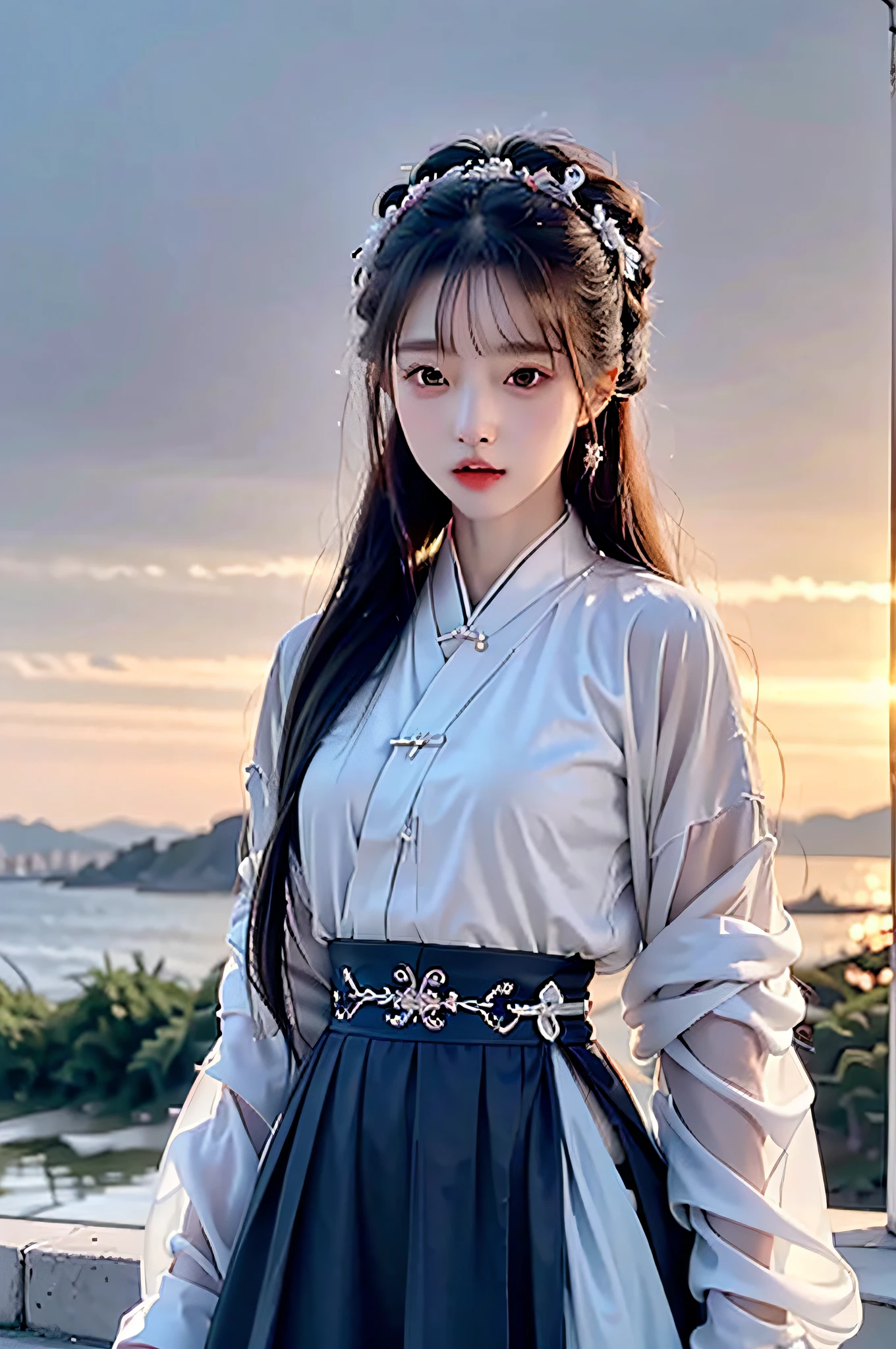 (Hyperrealistic,)4K,35mm,cinematography,super high details, Professional lighting, Best quality, Super high resolution, Visually stunning, (1girls:1.3), (dark blue theme:1.2), Light gray background, Deep blue, Wuxia,Chinese style,Hanfu,Tang Feng,,The skin, Skirt,
