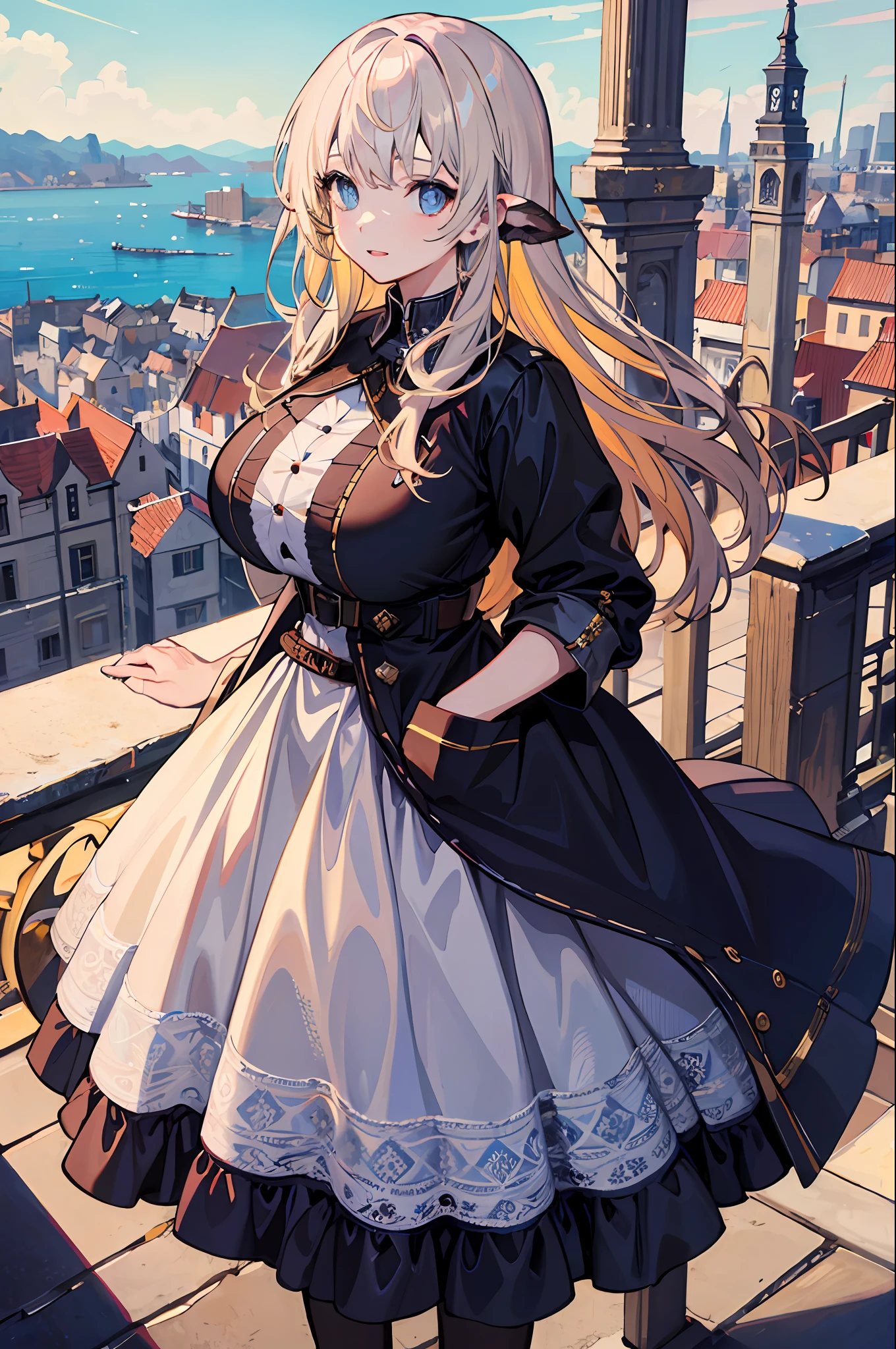masterpaintings, beste-Quality, 1girl huge large breasts, blue eyess, goldenhair, medieval cities, looking ath the viewer, Princess dress, hands in pocket,White wyvern,