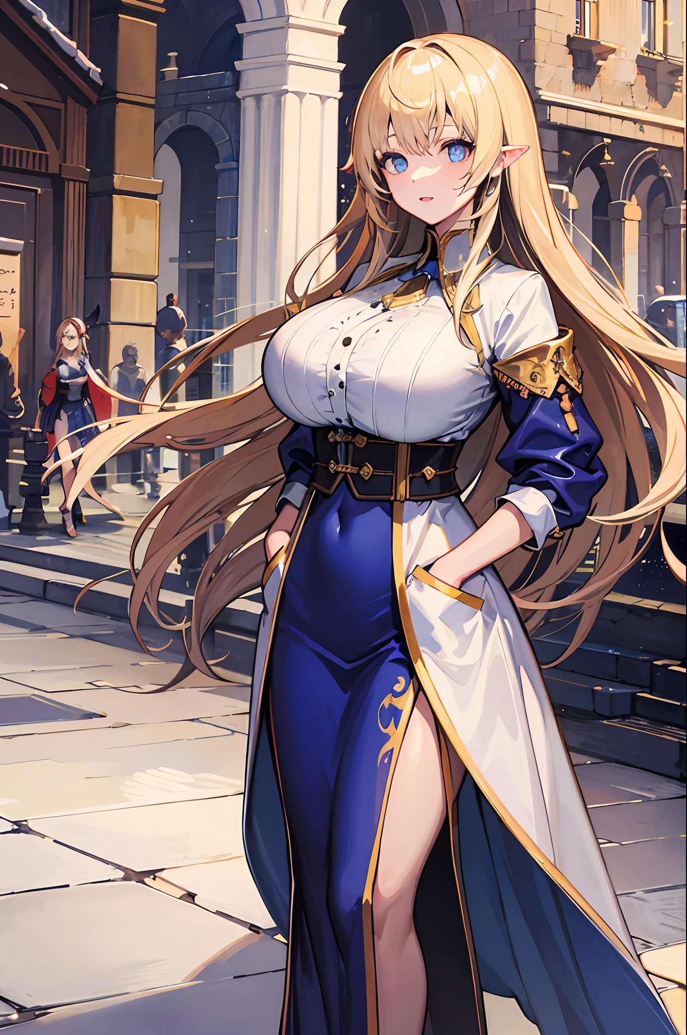 masterpaintings, beste-Quality, 1girl huge large breasts, blue eyess, goldenhair, medieval cities, looking ath the viewer, Princess dress， hands in pocket，White wyvern，