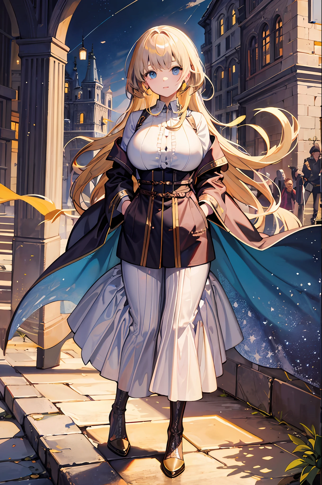 masterpaintings, beste-Quality, 1girl huge large breasts, blue eyess, goldenhair, medieval cities, looking ath the viewer, Princess dress， hands in pocket，White wyvern，