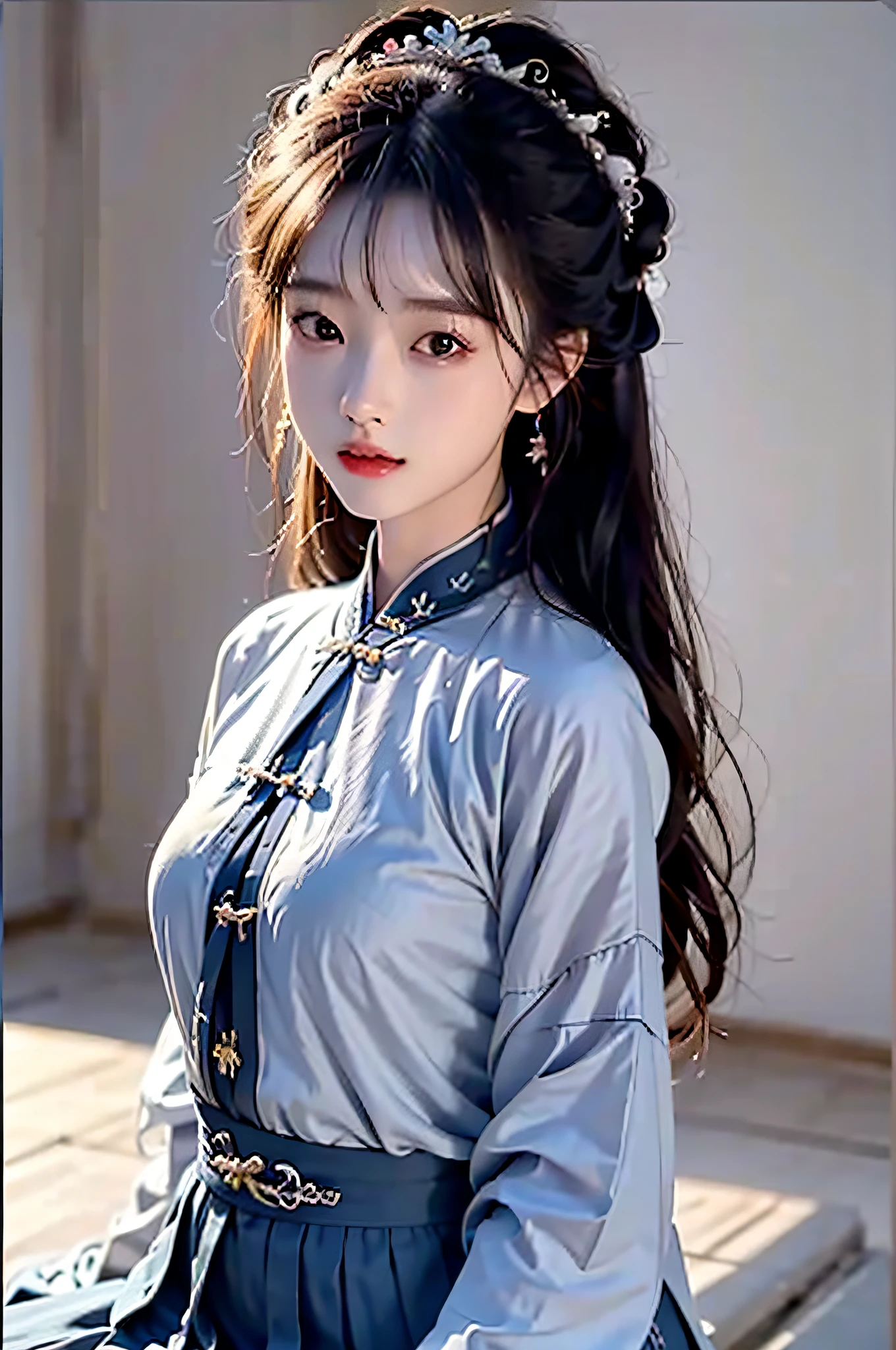 （Hyperrealistic,）4K,35mm,cinematography，super high details, Professional lighting, Best quality, Super high resolution, Visually stunning, (1girls:1.3), (dark blue theme:1.2), Light gray background, Deep blue, Wuxia,Chinese style,Hanfu,Tang Feng,,The skin, Skirt，