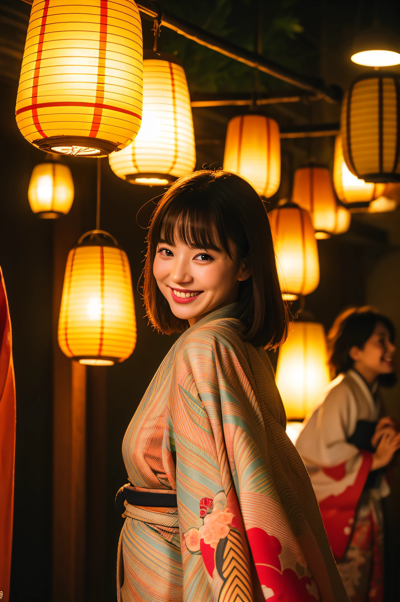 (Kimono、Japanese pattern)、(a smile)、Opening Mouth、sano、beste-Qualit、realisitic、photoreallistic、ultra-high-resolution、nights、paper lanterns
