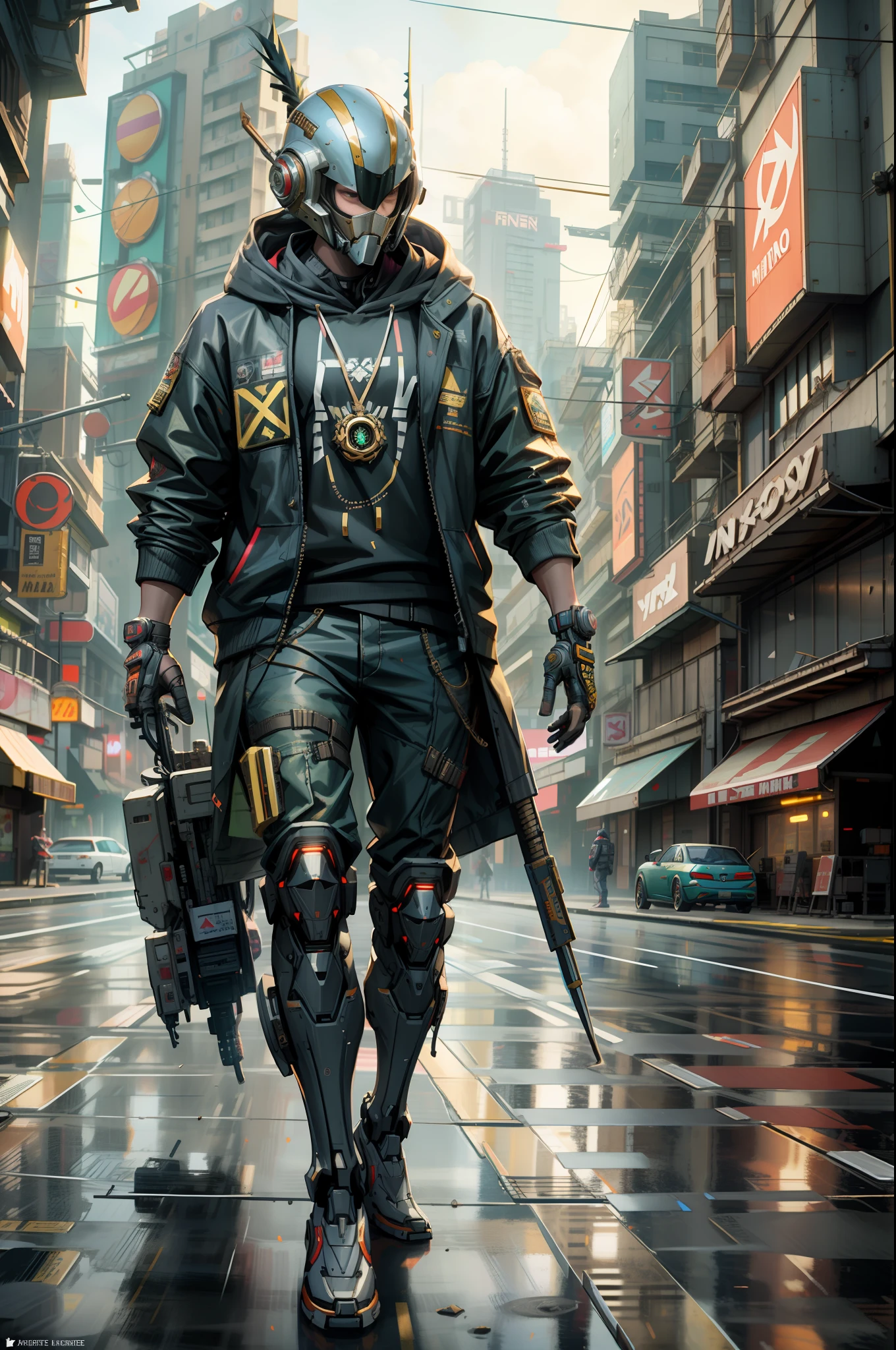(masterpiece, full-body shot, intrincate raw photography)cyberpunk citizen in samurai pineapple pattern oversize hoodie, anime, rocketeer, daftpunk style helmet, neon light details, intrincate, futuristic,sharp, accurate focus, random pose, cyberpunk city, street neon lights, insta pic, photo of the year, cinema4d, dramatic, lights and shadows, natron, substance, maya, octane render,
