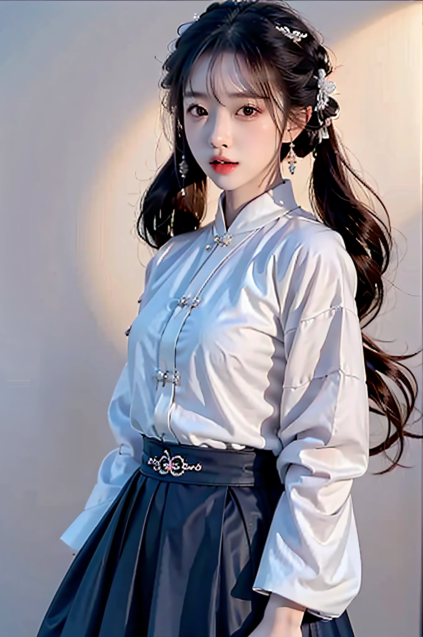 (Hyperrealistic,)4K,35mm,cinematography,super high details, Professional lighting, Best quality, Super high resolution, Visually stunning, (1girls:1.3), (dark blue theme:1.2), Light gray background, Deep blue, Wuxia,Chinese style,Hanfu,Tang Feng,,The skin, Skirt,