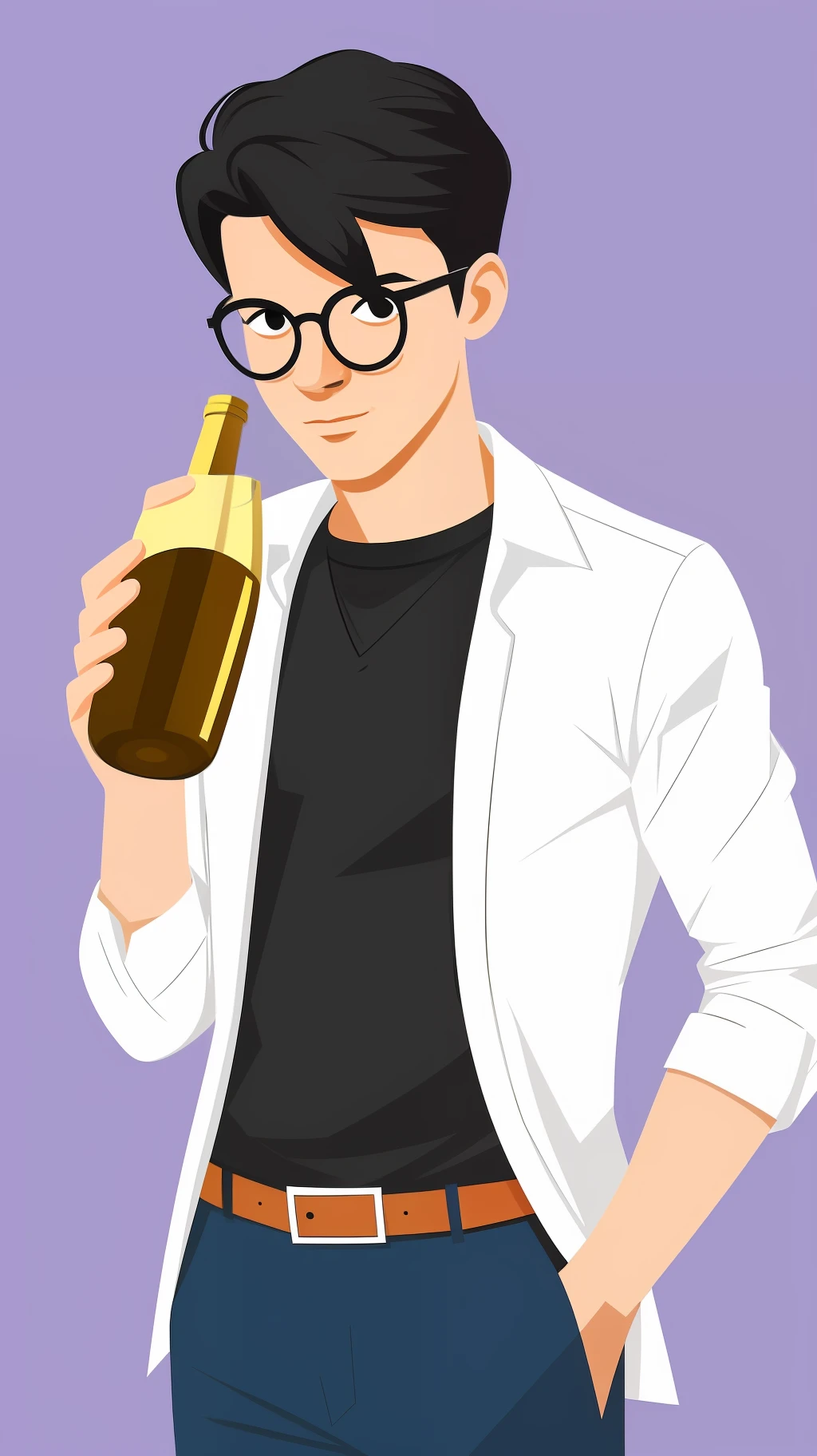Illustration of black hair young man with white shirt and Wellington glasses holding white wine bottle drawn in a flat design