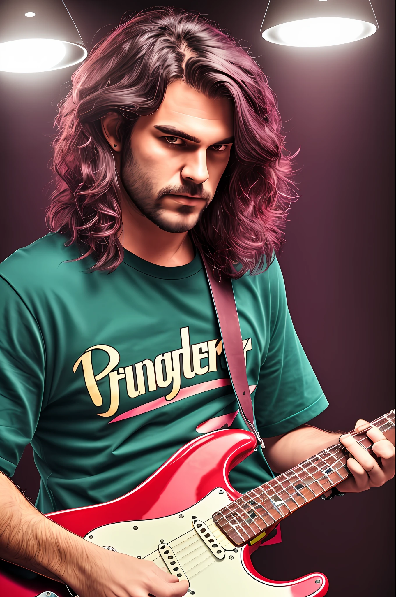 Cool rocker guy playing the electric guitar. He has long wavy dark brown hair, some strands of hair ended in burgundy, prussian blue or green. He wears a sleeves T-shirt and black jeans. Guitar Fender Stratocaster. Fierce attitude, expresive, he's plating a solo. Dark, illuminated by spotlight. Realistic raytracing. --auto --s2