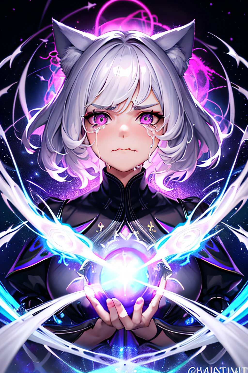 1girl,purple color hair,symbol-shaped pupils,Lightning Witch,salama,light particules,llight rays,Wallpapers,highcontrast,Dazzle,