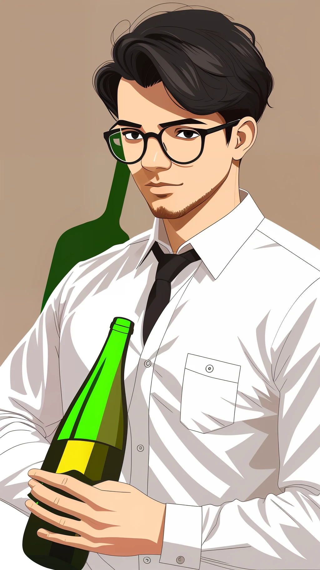 Illustration of black hair young man with white shirt and Wellington glasses holding white wine bottle drawn in a flat design