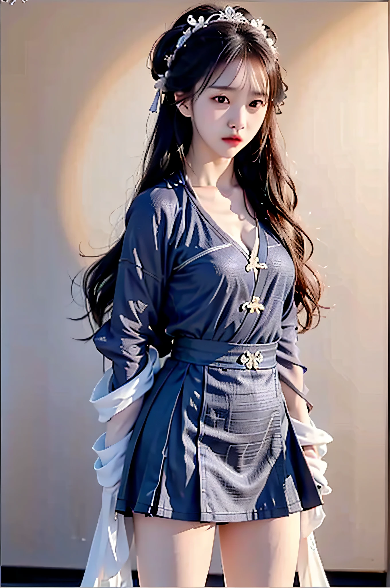 （Hyperrealistic,）4K,35mm,cinematography，super high details, Professional lighting, Best quality, Super high resolution, Visually stunning, (1girls:1.3), (dark blue theme:1.2), Light gray background, Deep blue, Wuxia,Chinese style,Hanfu,Tang Feng,,The skin, Skirt，