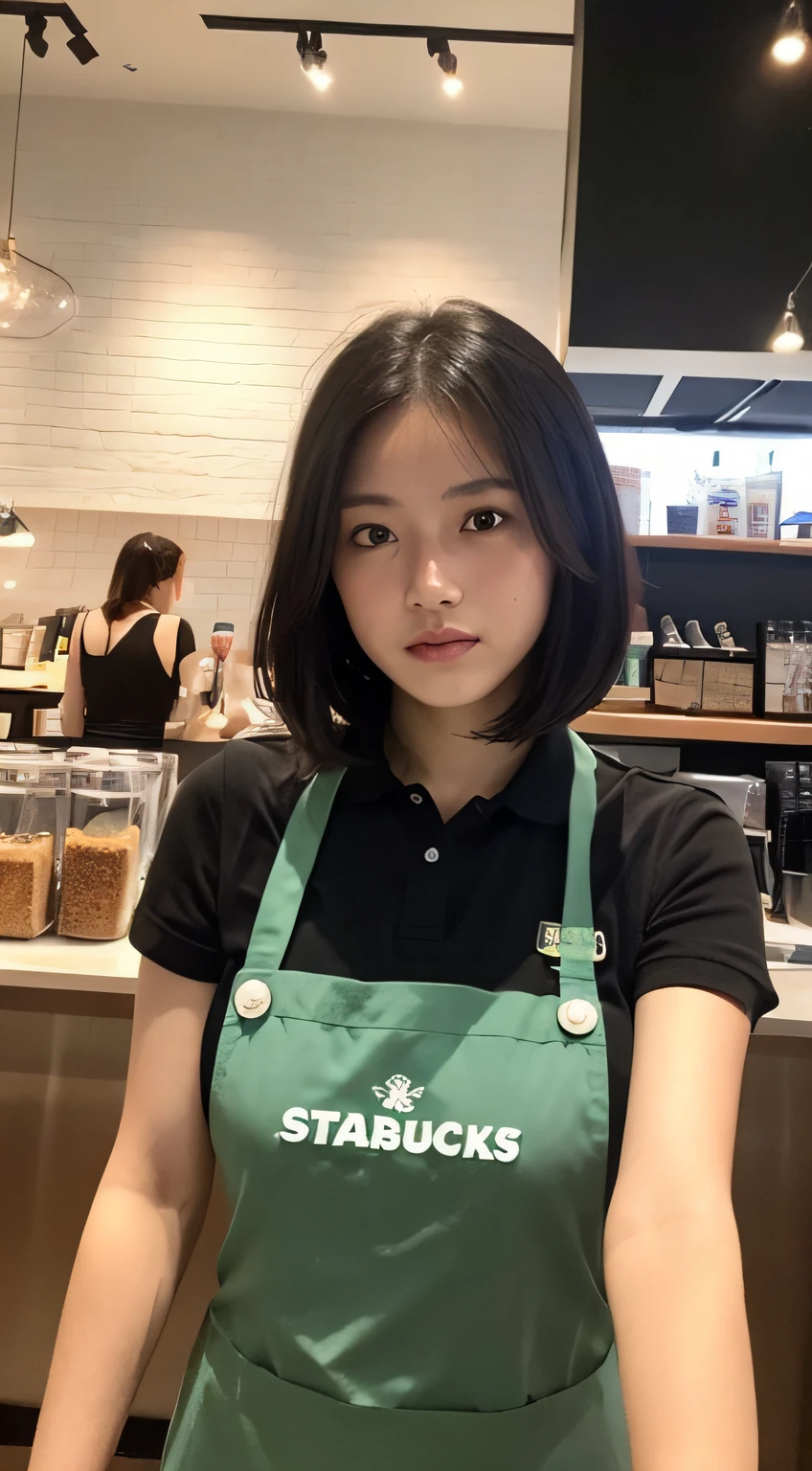 ((beste-Qualit、8K、巨作:1.3))、sharp foc:1.2、A beautiful woman with perfect body:1.4、((Layered Haircut、small tits:1.2))、(Starbucks dark green apron)、(Inside the Starbucks store:1.2)、Black polo shirt under apron、Wet Body:1.1、Highly detailed facial and skin texture、 Detailed eye、双眼皮、sunburnt skin、A sexy、suntanned